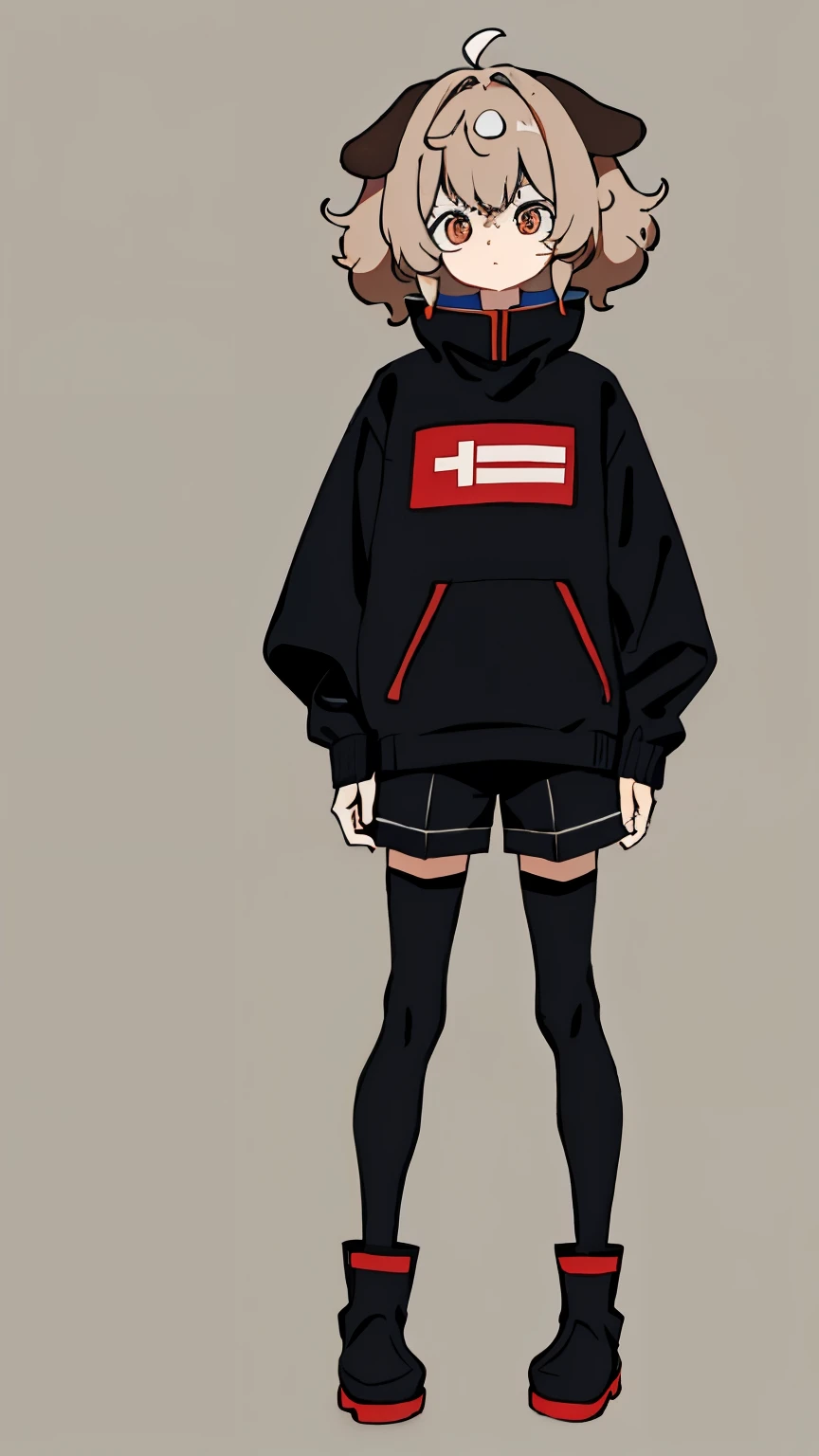 (masterpiece, Best quality) ,whole body, boy, shorts, long-sleeve sweater with earflaps, with floppy ears like a dog&#39;s, bored expression, fluffy thick hair, Bright eyes , (One), standing, (masterpiece), ((Best quality)), (ultra detailed), detailed information, flat colors, Colorful, (1other:1.1), Tachi-e, no designs on clothes, rubber boots, black tights