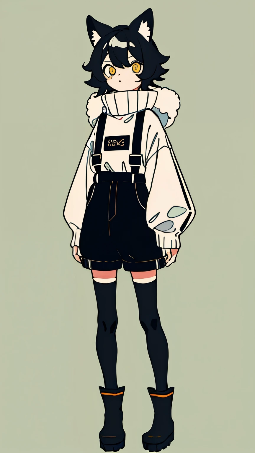 (masterpiece, Best quality) ,whole body,10 years old boy, shorts, long-sleeve sweater with earflaps, with floppy ears like a dog&#39;s, bored expression, fluffy thick hair, Bright eyes , (One), standing, (masterpiece), ((Best quality)), (ultra detailed), detailed information, flat colors, Colorful, (1other:1.1), Tachi-e, no designs on clothes, rubber boots, black tights