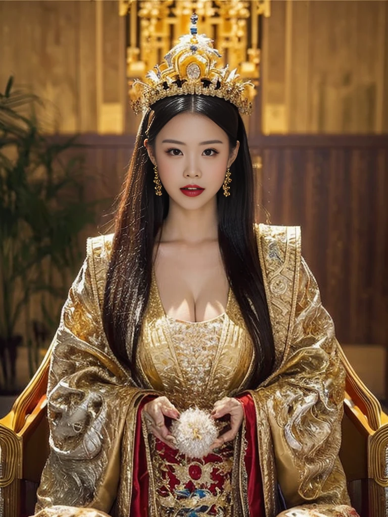 Best quality, masterpiece, detail, intricate detail, realistic cinematic lighting, (fantasy art: 1.6), (seiza: 1.1), (front: 1.2), upright, royal, majestic, queen, (huge and golden throne: 1.4), crown, close-up front, solemn, throne, upright posture, seriousness, dignity, gaze ahead, contemplation, jewelry, solo, divine ray, a girl, gold and red dress, golden palace,(Full Body Angle),(cute face:1.15),(huge breasts:1.2)