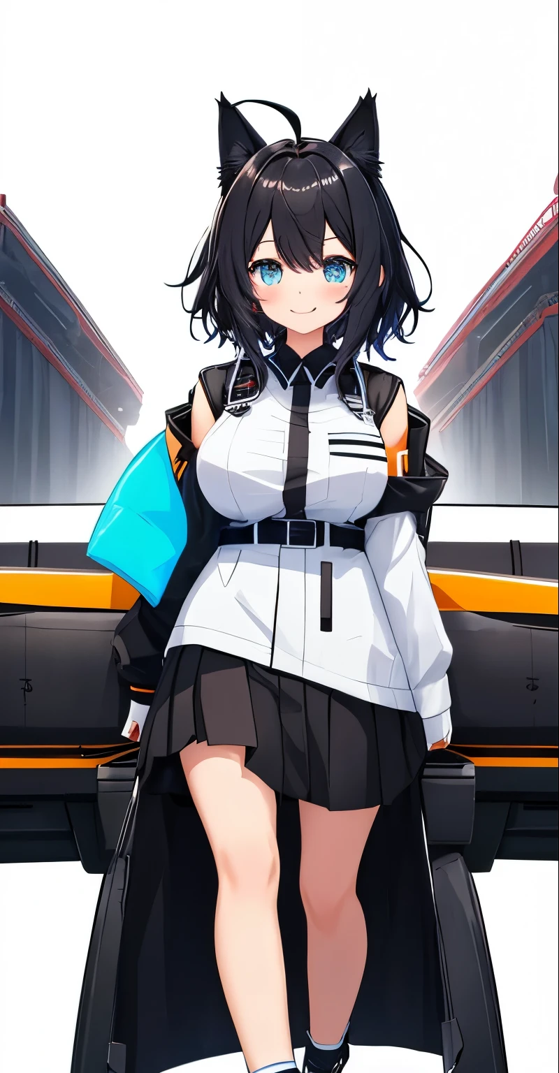 on lap((((upright)))), ((((arm to the side)))), looking at the viewer, simple background、white background, 1 girl, open your mouth, smile, Virtual YouTuber、with a girl、((highest quality, expensive_solve, clear_image)),(black hair), (black cat ears), (Ahoge), (ridiculously short hair), (wavy hair), (blue eyes),、laughter、very big breasts,(wearing shoes on feet)、concept art、((show viewer))。uniform。long sleeve