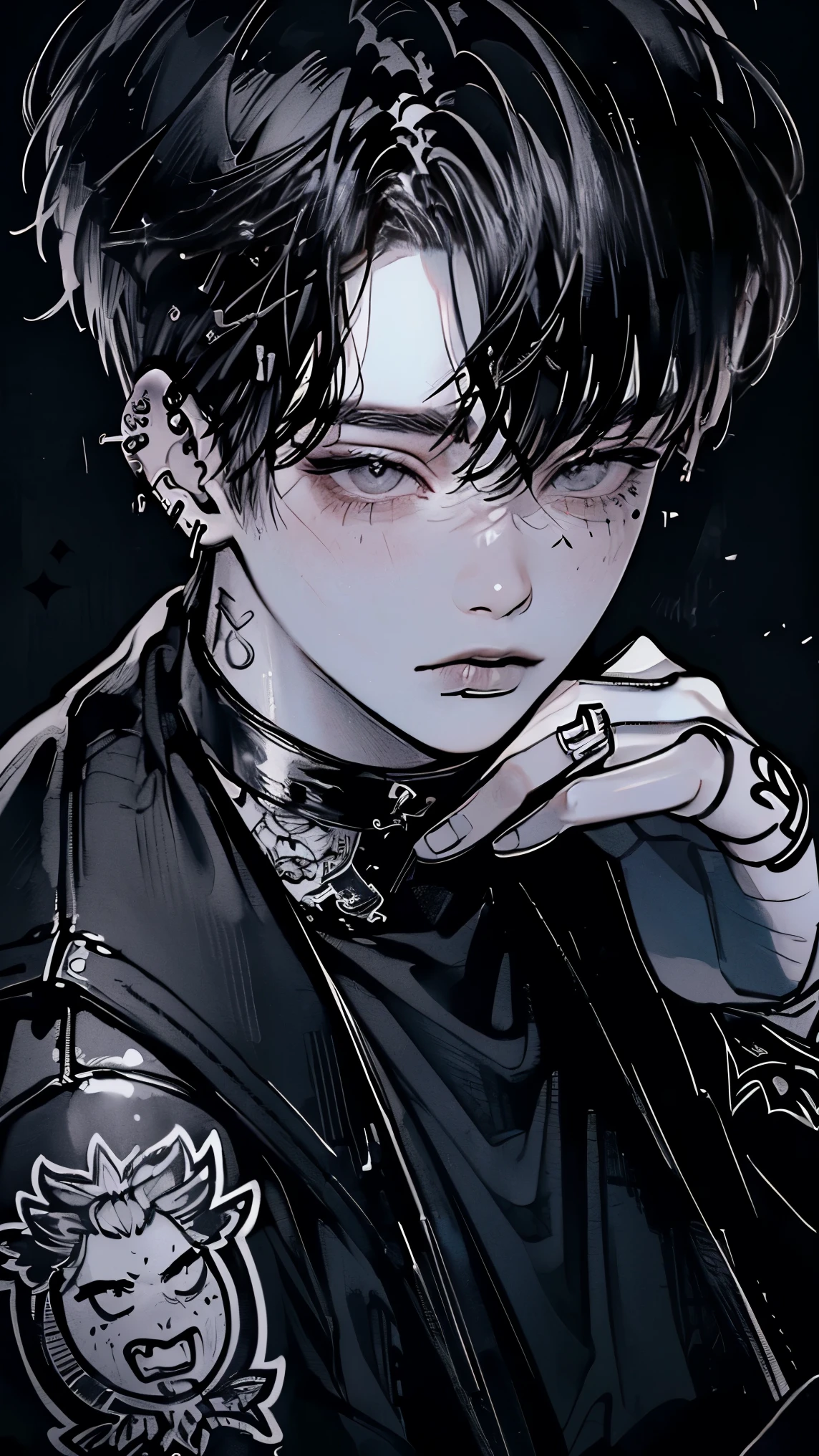 (4K works))、​masterpiece、(top-quality)、((Black cityscape background))、Korean Male、Adult male、((Adult 50 years old))、((Adult uncle type))、((Leather Jeans Style))、((Face similar to Hyunjin))、Cool Men、tall、((Wild features))、((Wild look))、((angry expressions))、((Long sleeve long trouser style))、((Smaller face))、Slim body、(((short-haired)))、((Shot alone))、((Solo Photography))、Professional Photos、((He is in front of the viewer))、((Monochrome photography))、((Upper body photography))、((Wear a lot of piercings))、((Mouth piercing))、((Tongue piercing))、((Icon Photo))、((Sick Boys))、((Mine Boys))、((tattoo))、((Mine photo))、((sassy pose))