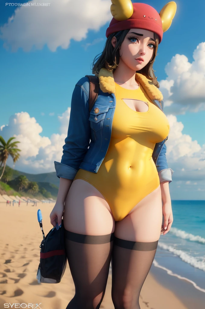 (4k, best quality, masterpiece:1.2), (realistic, photo-realistic:1.37),skye , on a beach, , , yellow leotard, blue eyes , thick things, aroused, horny, red hat, standing, , jacket, black leggings, busty