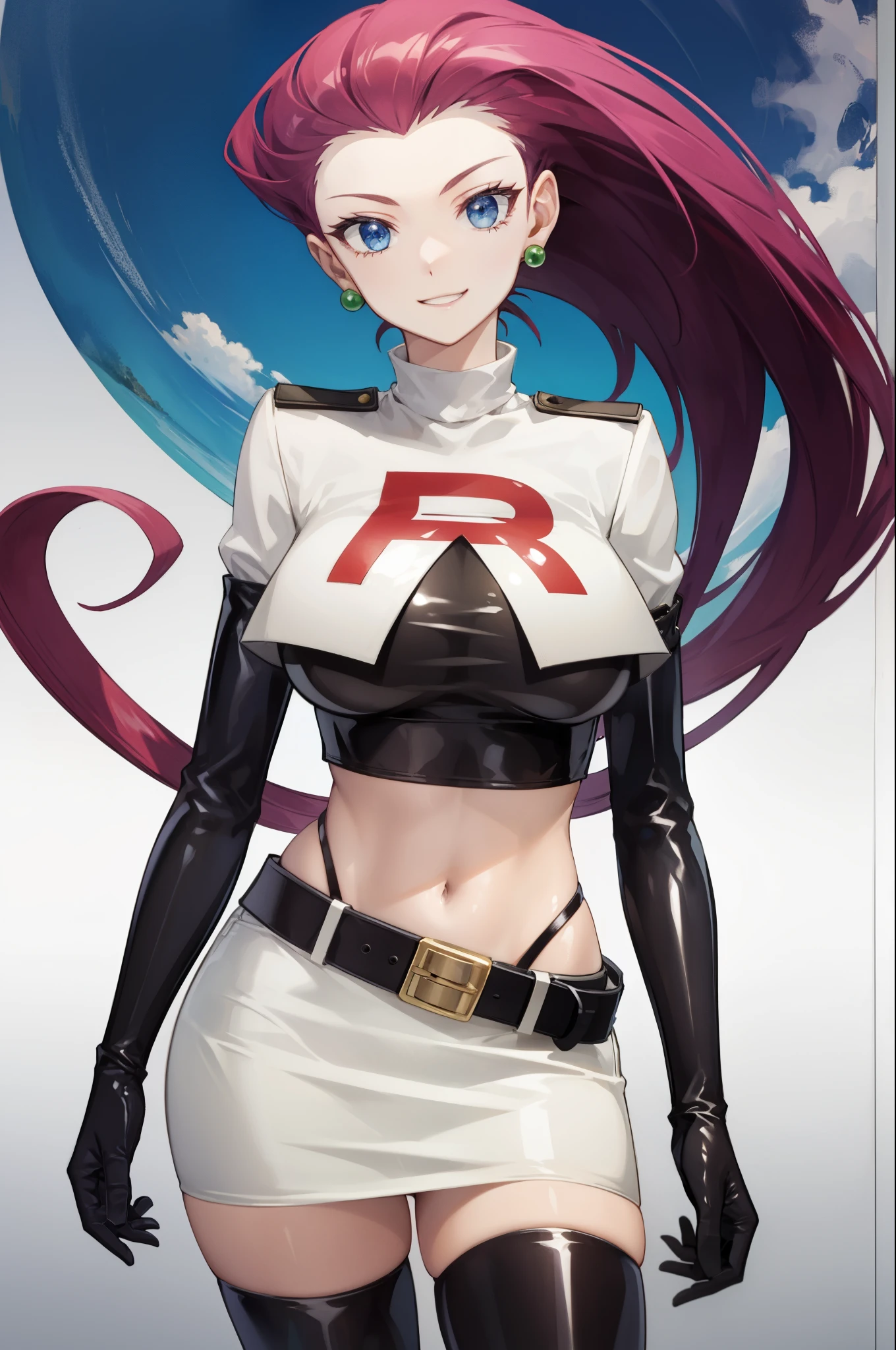 (((1 girl))) short hair, earings ,glossy lips ,team rocket uniform, red letter R, white skirt, white crop top, black thigh-high boots, black elbow gloves, evil smile, looking at viewer, cowboy shot, arms crossed, full body photo Mercedes von Martritz (Fire Emblem: Three Houses)