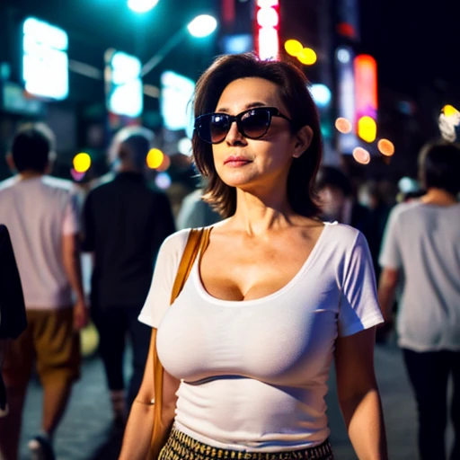 Tokyo　night　stroll,No bra,mature woman,46 only,big breasts, T-shirt,sunglasses,highest quality,8K,
