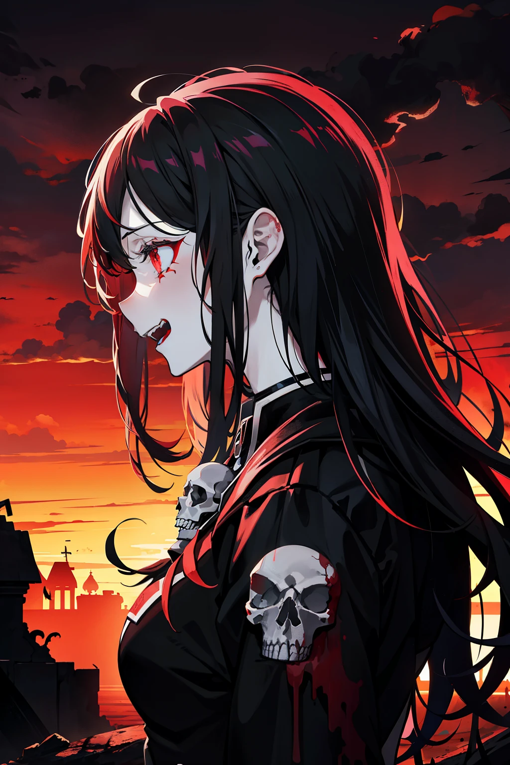Death, despair, maiden, laughter, bloodstain, skull, crimson sky, ominous, destruction, desolation