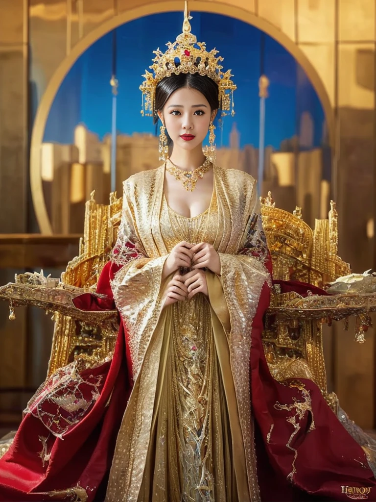 Best quality, masterpiece, detail, intricate detail, realistic cinematic lighting, (fantasy art: 1.6), (seiza: 1.1), (front: 1.2), upright, royal, majestic, queen, (huge and golden throne: 1.4), crown, close-up front, solemn, throne, upright posture, seriousness, dignity, gaze ahead, contemplation, jewelry, solo, divine ray, a girl, gold and red dress, golden palace,(((Full Body))),(cute face:1.15),(huge breasts:1.2)