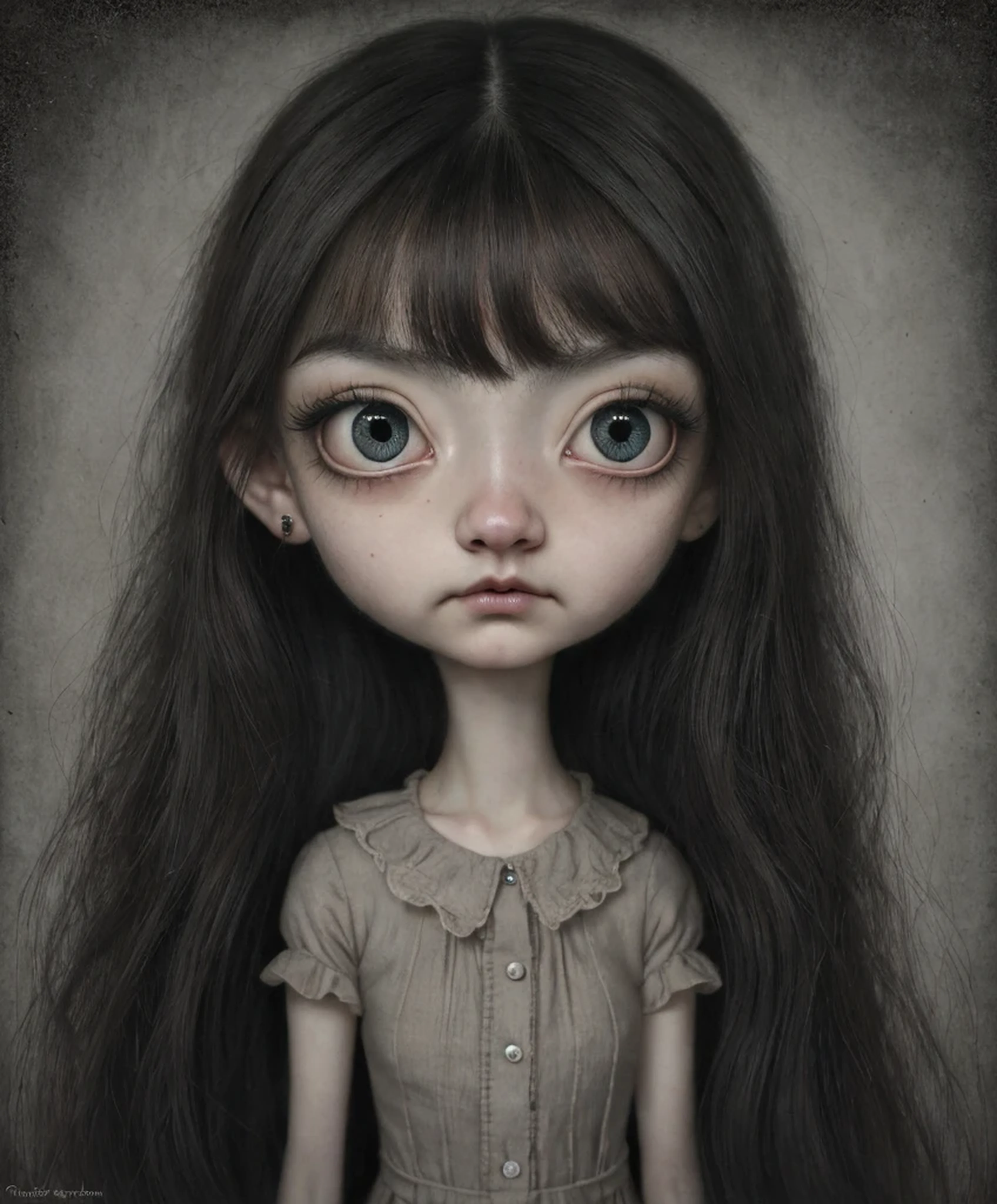 Un primer plano de una chica muy triste con el pelo largo (rubio) y los ojos grandes y azules, Anton Semenov, Mark Ryden muy detallado, Estilo Mark Ryden, Mark Ryden en el estilo de, Estilo de Mark Ryden, inspirado por Mark Ryden, Naoto Hattori, Adorable pintura digital, cara linda. DarkFantasy, Estilo Wlop Loish y Clamp, desnuda