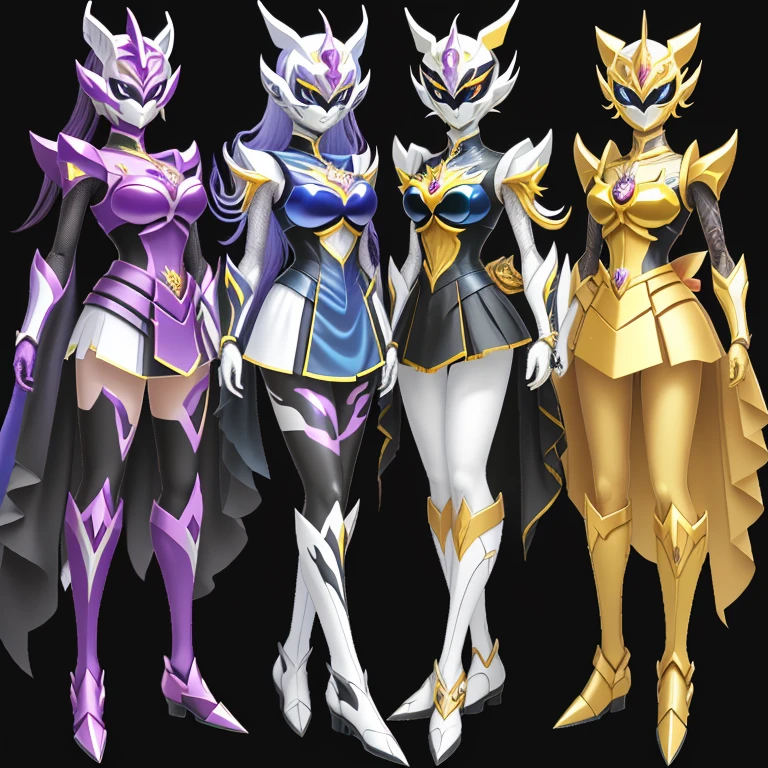 Two cartoon characters of women in costumes、New costume concept design、humanoid form、super sentai characters、pokemon motif、Solgaleo、Lunala、Cyber japanese style armor、whole body concept、full body with costume、Morning warrior hybrid、High Fantasy Super Sentai、clear costume design、Chiho Aoshima's color scheme、Art style of the Warring States period、special effects suit vaporwave、Pokemon、Solgaleo、Lunala