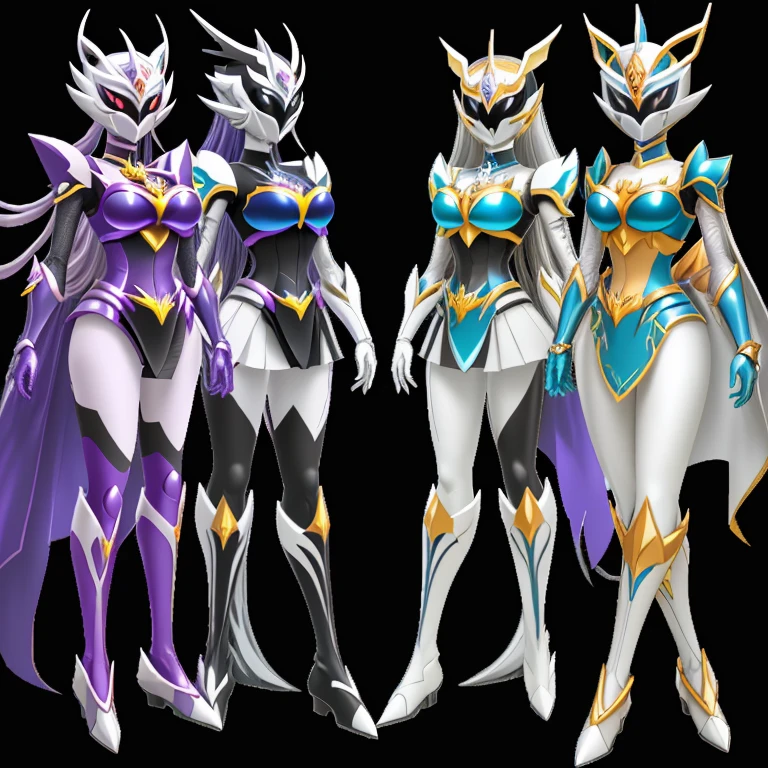 Two cartoon characters of women in costumes、New costume concept design、humanoid form、super sentai characters、pokemon motif、Solgaleo、Lunala、Cyber japanese style armor、whole body concept、full body with costume、Morning warrior hybrid、High Fantasy Super Sentai、clear costume design、Chiho Aoshima&#39;s color scheme、Art style of the Warring States period、special effects suit vaporwave、Pokemon、Solgaleo、Lunala