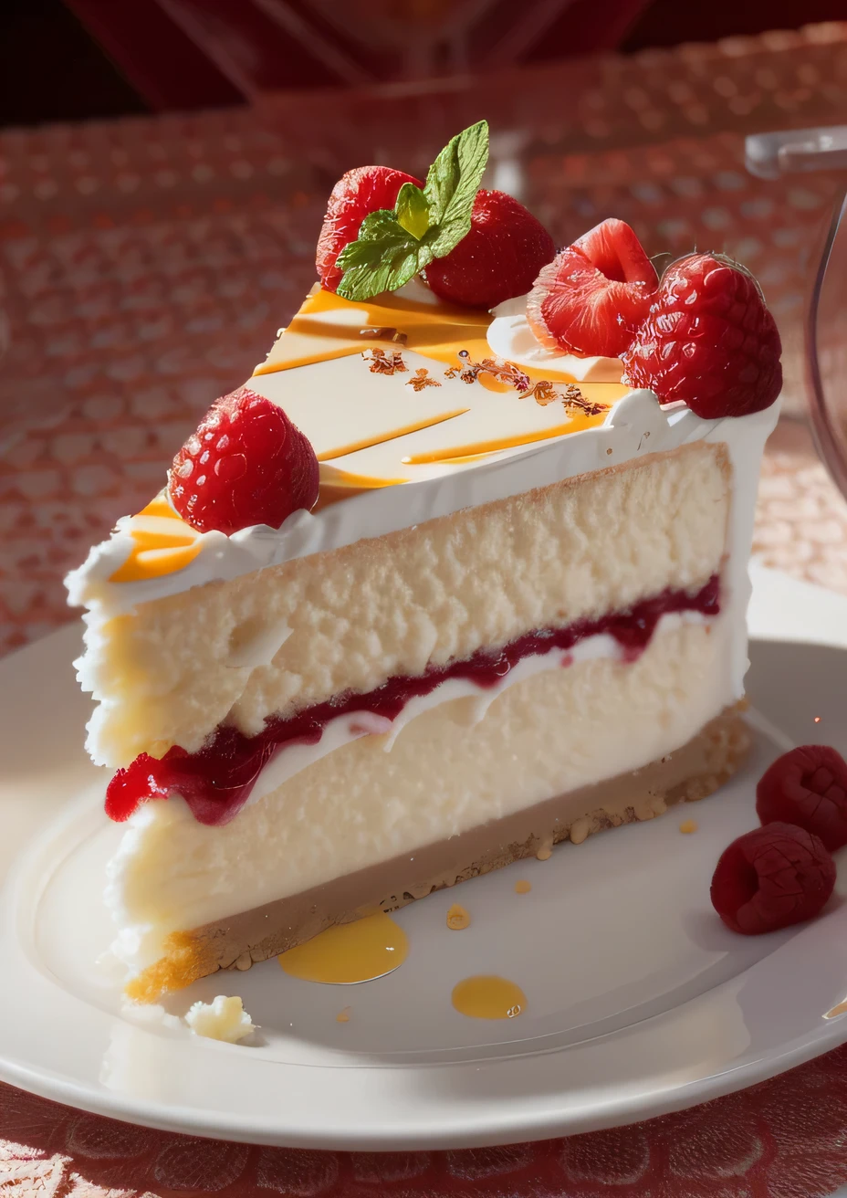 a piece of cheese cake with raspberry, white ceramic plate, dripping red juice, ((bright theme)), (masterpiece), ((ultra-detailed)), (highly detailed CG illustration), (expressionless), (best quality:1.2), High quality texture, intricate details, detailed texture, High quality shadow, Cinematic Light, Depth of field, light source contrast, perspective, 20s, (ulzzang-6500-v1.1:0.5),