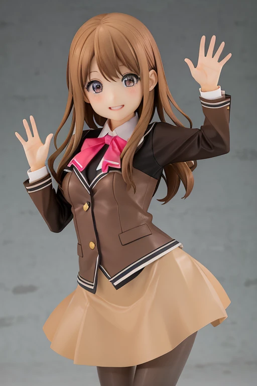 photoreal, high resolution、high school girl、uniform、((brown pantyhose))、smile、(running here)、Waving at me、Skirts that inspire、very cute face、Eyes that shine like jewels、Road along the river