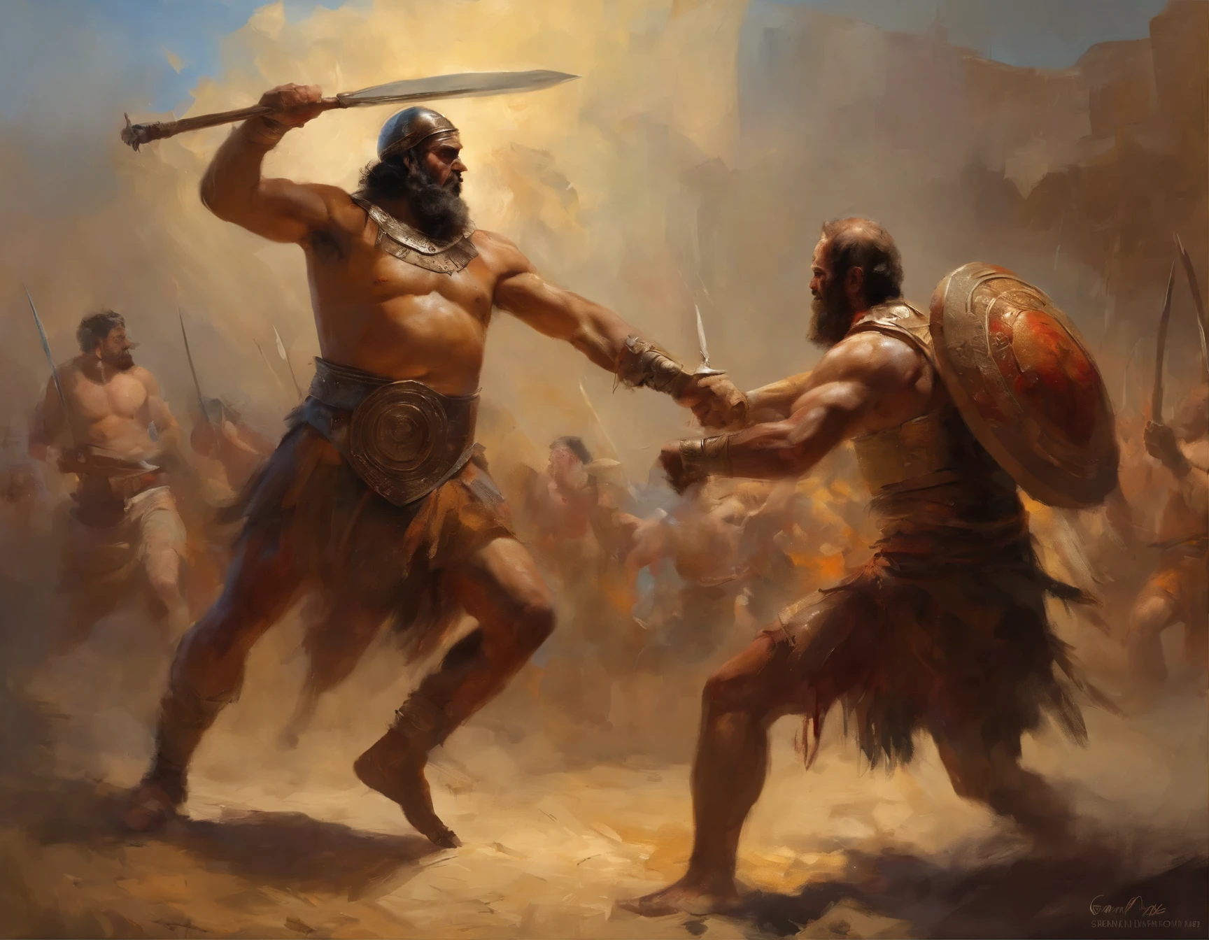 A gladiator fighting with two fearless giant primitive man
with a primitive weapon, in a battle arena, summer season, surrounding with many crowd people, masterpiece, artstation HD, ultradetail, 8k