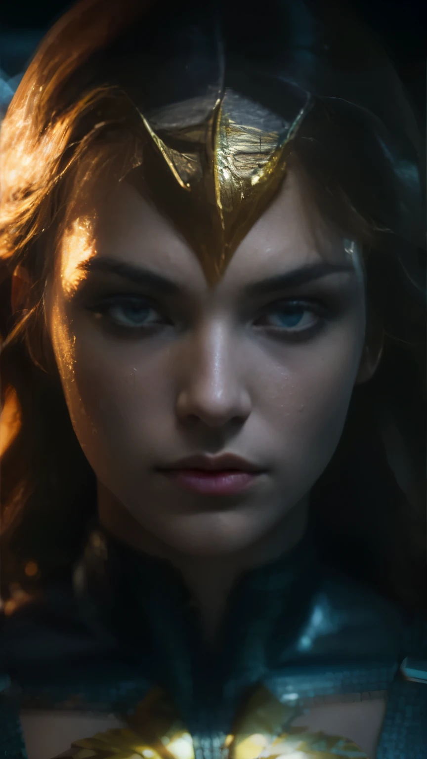 movie scene, close-up of a woman, dressed as DC's Aquaman, Distorted space, Distorted undead in the background, Glare, light shafts, complex parts, very detailed, Volumetric lighting, 4K rendering, spare photo, hyperrealistic, realistic textures, dramatic lighting, unreal engine