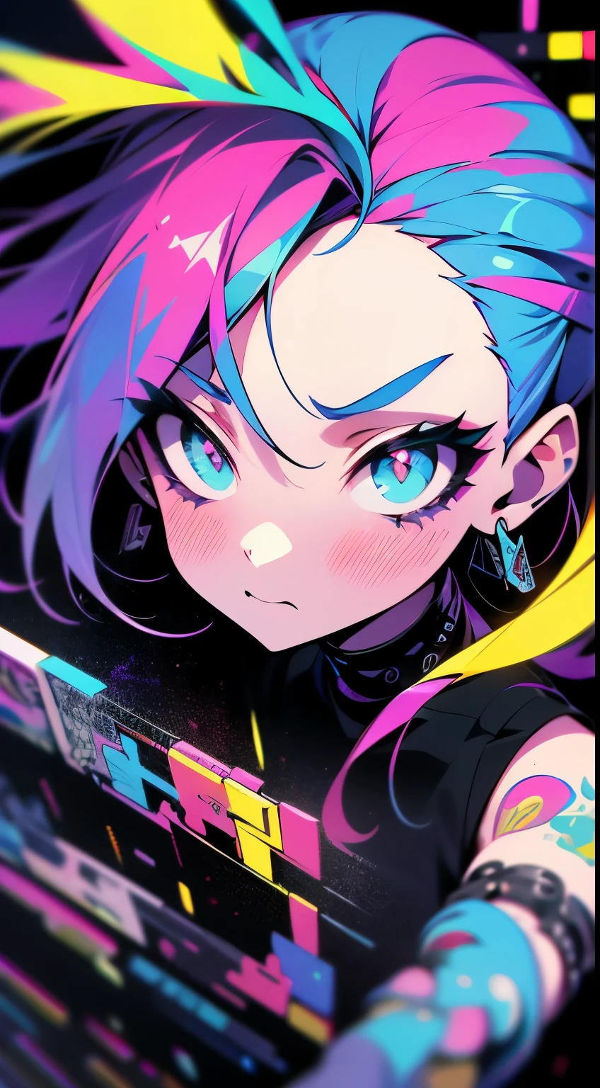 Ray tracing,{Best quality}, {{Masterpiece}}, {A high resolution}, Original, Extremely detailed 8k wallpaper, {An extremely delicate and beautiful},,incredibly_absurderes,Colorful,intricately details,art book,In Sticker style，Geometric pattern background，Jinx，[Red::0.3], [[Blue::0.6]:0.3], [Green:0.6]，Cyberpunk art of a，Beautiful detailed eyes