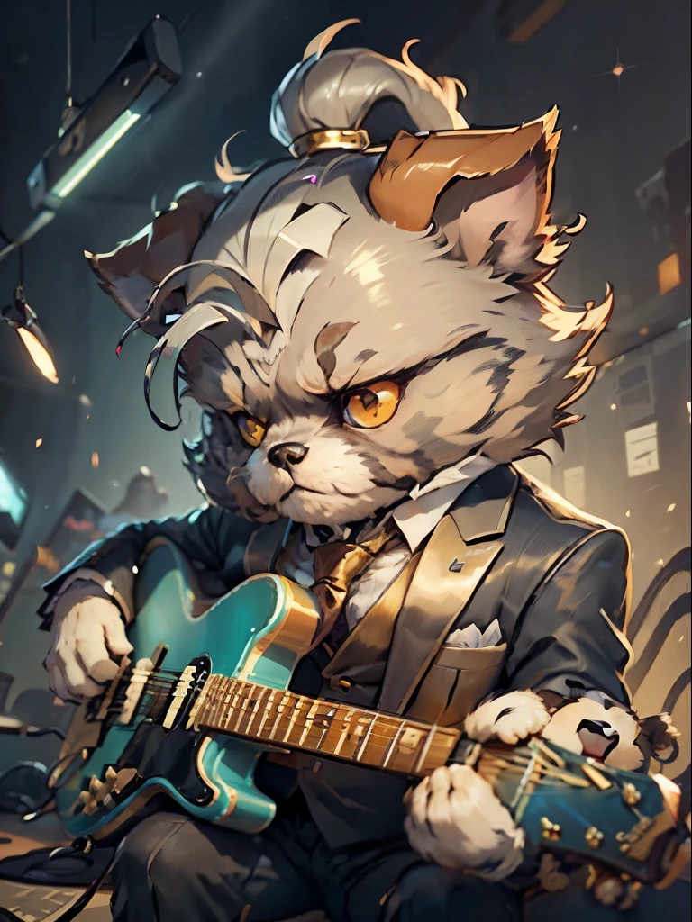 (suit、tie men)Cartoon of electric guitar instrument player、anthropomorphic shih tzu dog