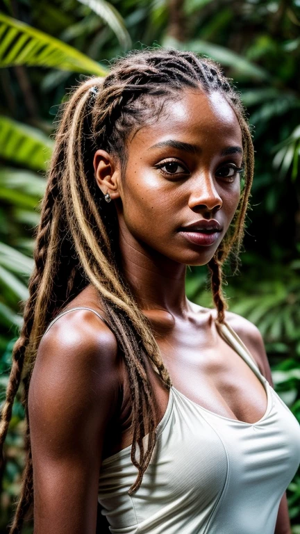 Masterpiece. Best quality, medium brown-skinned young woman with green eyes and dread locks in her hair posing for a picture, soft portrait shot 8 k, beautiful young girl, beautiful portrait image, photo of a beautiful woman, perfect face and eyes, gorgeous face portrait, beautiful young woman, beautiful portrait photo, beautiful model girl, extremely beautiful face, Standing with a view of her whole body wearing beautiful white of the shoulder dress, in jamaica at wellness retreat ,very beautiful young woman, beautiful girl model, beautiful portrait lighting 8k uhd, dslr, high quality, film grain, fujifilm xt3