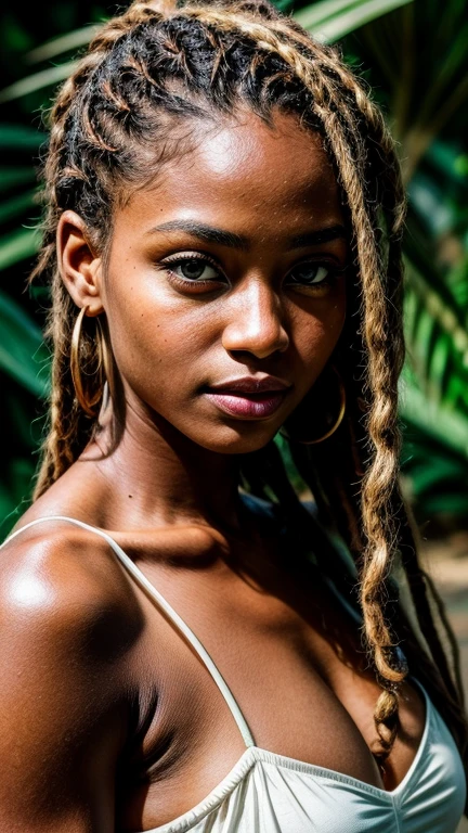 Masterpiece. Best quality,  medium brown-skinned young woman with green eyes and dread locks in her  hair posing for a picture, soft portrait shot 8 k, beautiful young girl, beautiful portrait image, photo of a beautiful woman, perfect face and eyes, gorgeous face portrait, beautiful young woman, beautiful portrait photo, beautiful model girl, extremely beautiful face,  Standing with a view of her whole body  wearing  beautiful white of the shoulder dress, in jamaica at wellness retreat ,very beautiful young woman, beautiful girl model, beautiful portrait lighting 8k uhd, dslr, high quality, film grain, fujifilm xt3