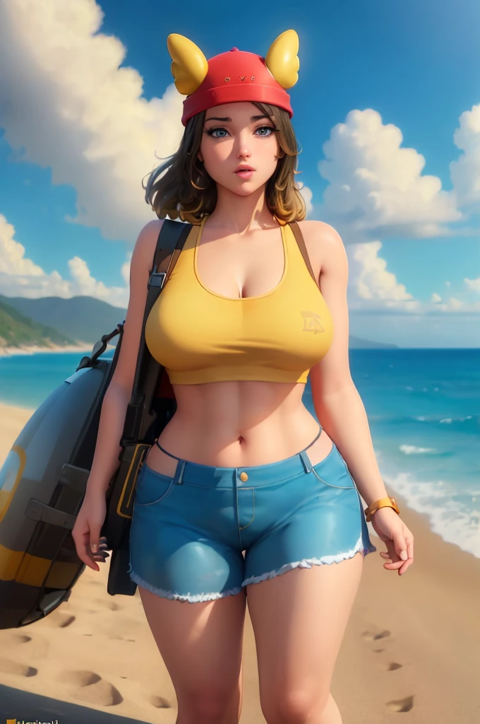 (4k, best quality, masterpiece:1.2), (realistic, photo-realistic:1.37),skye , on a beach, , , yellow tank top, blue eyes , thick things, aroused, horny, red hat, standing,, black leggings