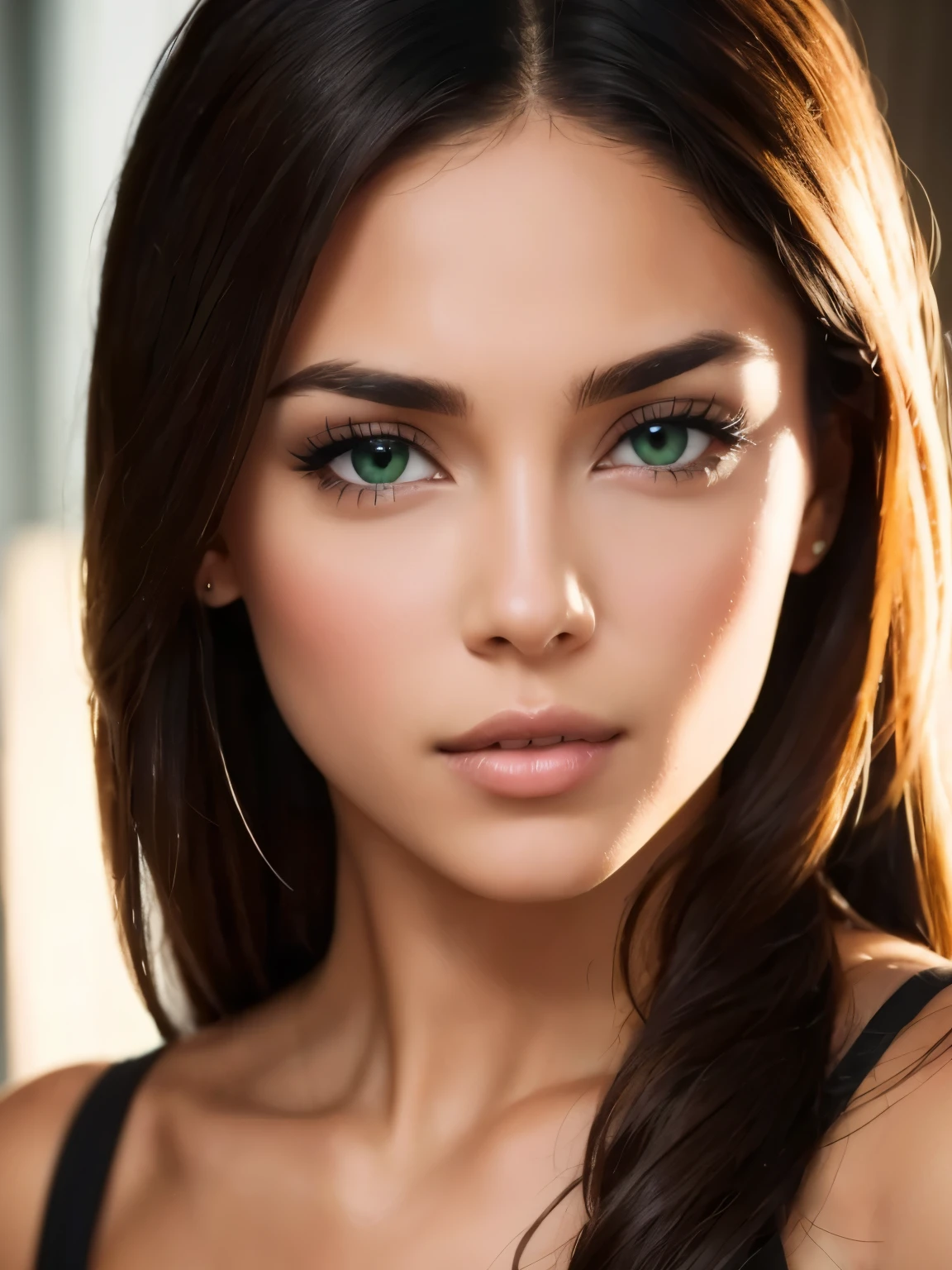 a close up of a woman with long ir, tanned skin, emerald green eyes, long brown wavy hair,
with no makeup, mixed race, gorgeous latina face, flawless olive skin, dark brown hair and tan skin, extremely beautiful face, attractive female face!!!, she has olive brown skin, attractive beautiful face, olive skin color, perfect face ), gorgeous attractive face, with brown skin, ultra beautiful face, very beautiful face, finely detailed perfect face, detailed perfect face, beautiful fine face features, extremely detailed, 8k