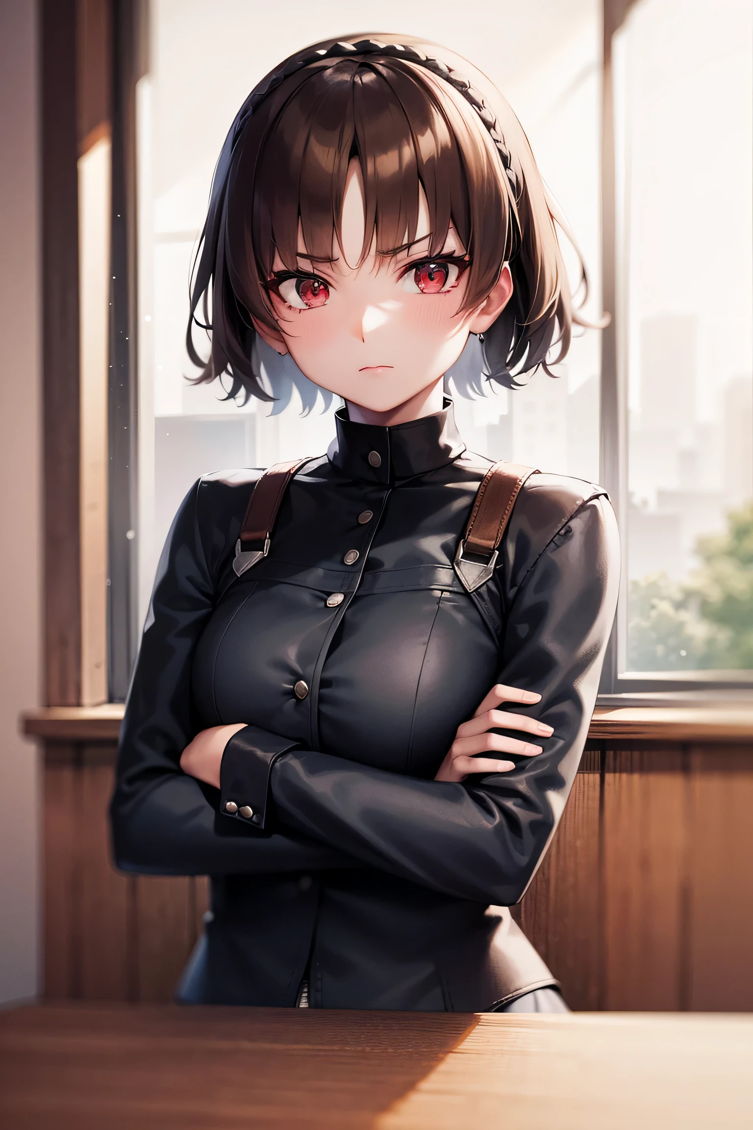 makotonijima, makoto nijima, blunt bangs, braid, brown hair, crown braid, (red eyes:1.3), short hair,
BREAK sunglasses, eyewear on head, blue shirt, sleeveless,
BREAK looking at viewer, frown, crossed arms,
BREAK indoors, classroom,
BREAK (masterpiece:1.2), best quality, high resolution, (extremely detailed CG unity 8k wallpaper), (masterpiece), (best quality), (ultra-detailed), (best illustration), (best shadow), (absurdres), (perfect hands, perfect anatomy),