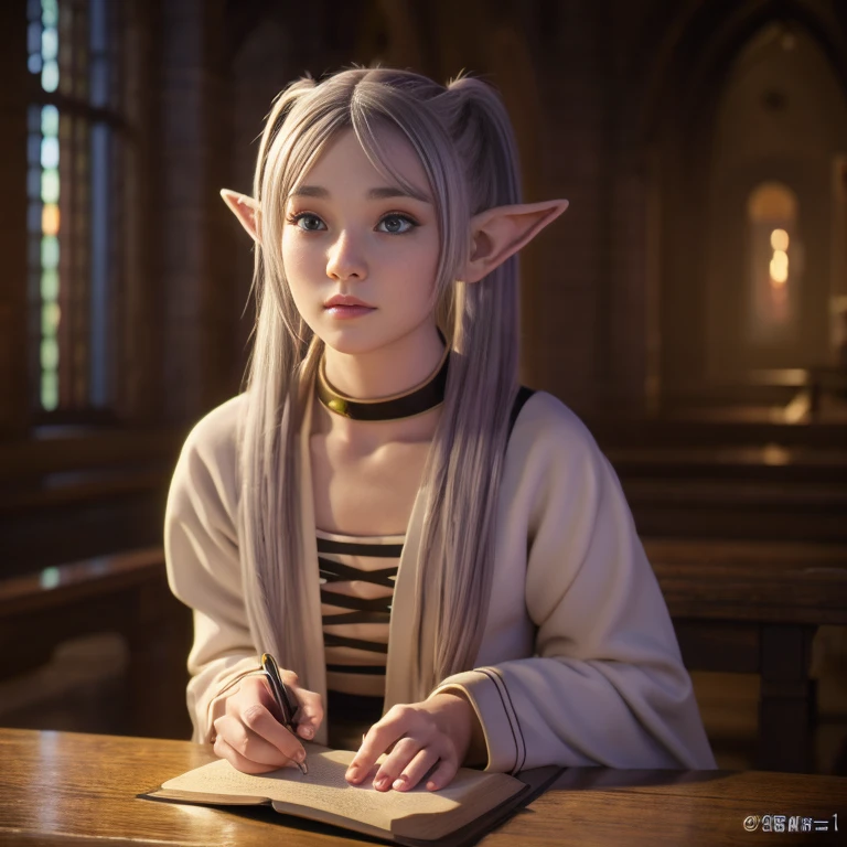 An elf girl,Double ponytail gray hair、white robe and skirt、black leggings、Brown boots,green eyes,parted bangs,thick eyebrows,beautiful character design, official art,Extremely detailed CG unification, perfect lighting,rich and colorful, (the best_quality:1.0), 超high resolution,Super detailed, high resolution, lens flare, (beautiful_Face:1.5),on the table,the bestquality, wizard wand,Medieval cityscape