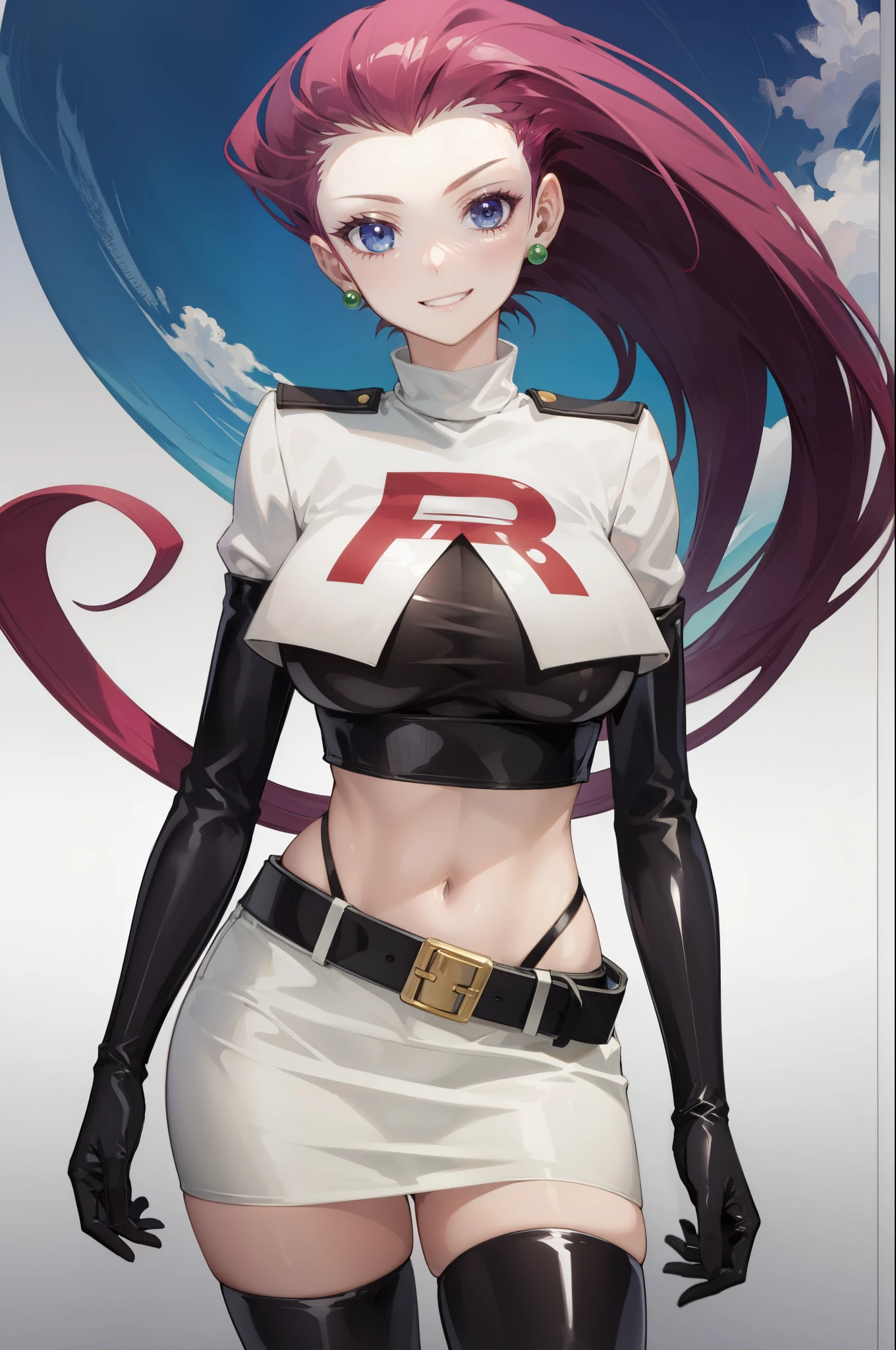 jessie pokemon, solo, team rocket, gloves, hair slicked back, long hair, jewelry, skirt, navel, thighhighs, earrings, elbow gloves, team rocket uniform, crop top, blue eyes, midriff, white background, belt, black gloves, very long hair, simple background, smile, black thighhighs, purple hair, looking at viewer, breasts, white skirt, miniskirt, shiny hair, shiny skin, sexy, big breasts 