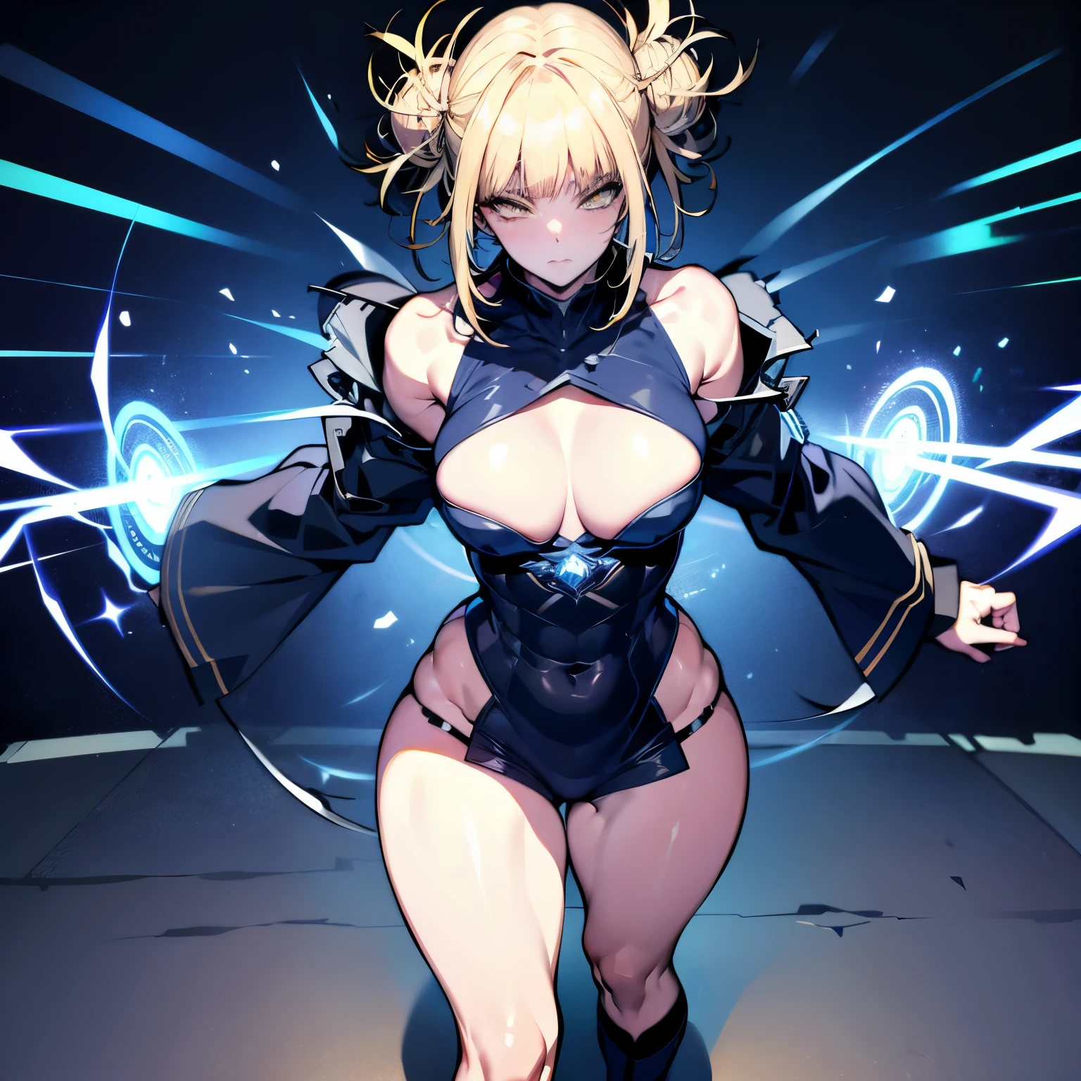 great quality, (1 women), very focused face, himiko toga, diamond face, perfect eyes, (standing), (wearing mage robe), mage robe, magic, (casting), blonde pony tail, strong shadows, full body, detailed face, (casting spell), blue flashes of light, blue sparks, in battle, detailed abs, shinying eyes, (masterpiece), direct light, underlight, strong jaw, (large ), massive ass, thick thighs, (long torso), wide waist, skinny torso, fit, perfect face, sexy, (blushing), 