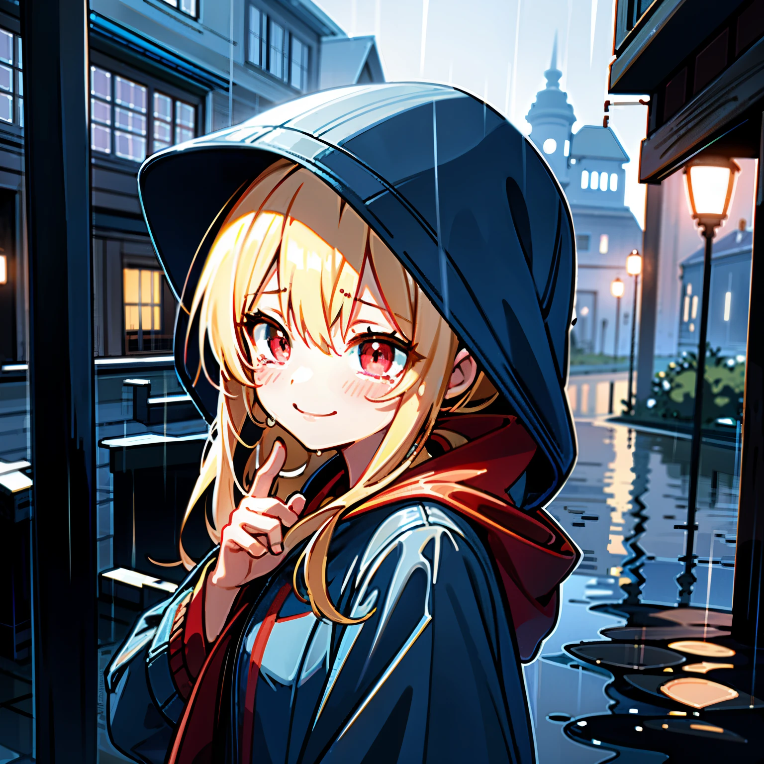 girl, blonde hair, red eyes, rain, looking down, smile, tears, blue raincoat, hood up, town