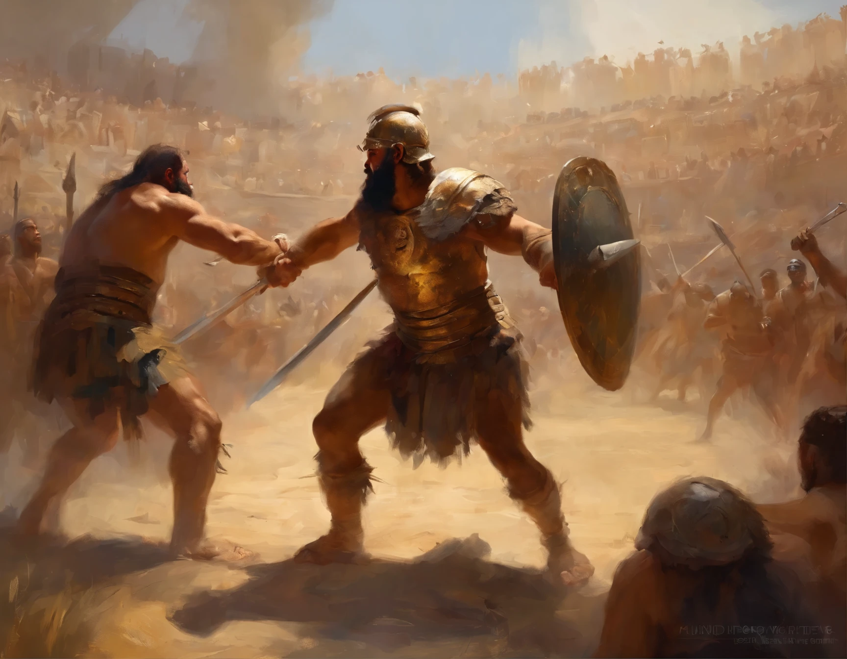 A roman gladiator fighting with a fearless giant primitive man
with a primitive weapon & shield, in a battle arena, summer season, surrounding with many crowd people, masterpiece, artstation HD, ultradetail, 8k