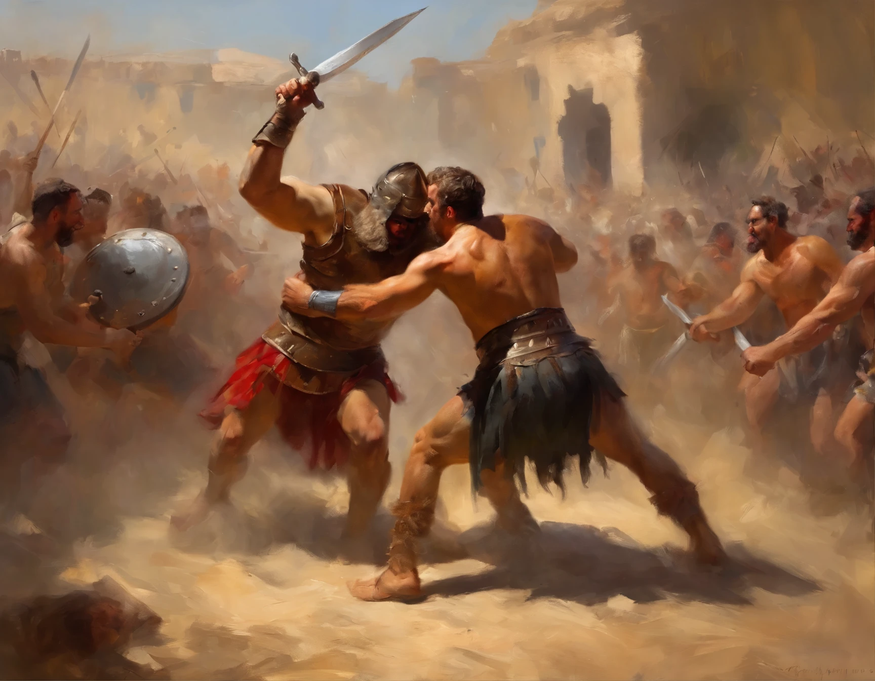 A roman gladiator fighting with a fearless giant primitive man
with a primitive weapon & shield, in a battle arena, summer season, surrounding with many crowd people, masterpiece, artstation HD, ultradetail, 8k