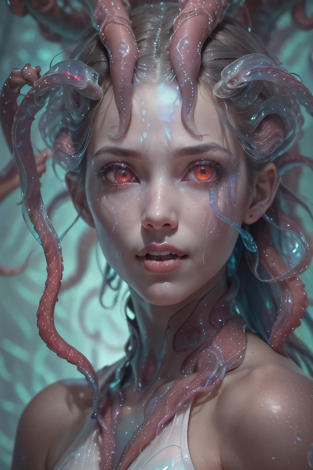 (1 beautiful and obscene female alien:1.4), (vulgarity1.7), (she is looking at viewers with glowing red eyes with no pupils:1.8), (She has translucent pale skin:1.7), (There is a female genital-like organ in the middle of the forehead:1.95), (She has the most beautiful face in the history of the universe:1.2), (She has multiple bioluminescent organs on the side of her tentacles:1.4), (Her body is covered with an iridescent exoskeleton:1.6), (She is showingh her arm pits:1.4), an evil gaze that seduces, (large mouth:1.1), (sharp teeth like a vampire:1.2), Full body portrait, (bio luminescent:1.5), (Smile wickedly:1.3), (sexypose:1.5), alien, No humans, cells are fused, (there are lots of translucent tentacles from her head like her hair:1.8) extraterrestrial, cell, bio image, best quality, masterpiece, ultra high resolution, (photos realistic:1.7), scary and sexy detailed art in color, best quality, 8K,In 4K_quality, High freshness, Dramatic Lighting, cinematic quality, detail up, (exquisite details:1.2), High freshness, drawing faithfully, (Thick eyebrows:1.2), Beautiful eyes with fine symmetry,(Highly detailed face and eyes:1.2),(Super detailed skin quality feeling:1.4), perfect anatomy, (Beautiful toned body:1.5), (Moist skin:1.2), not wearing makeup, (dark circles:1.1), long canines, cinematic drawing of characters, cinematic quality, detail up, (exquisite details:1.2), high resolution, High freshness, drawing faithfully, official art, Unity 8K Wall paper, ultra detailed artistic photography, midnight aura, unreal engine 5, Ultra Sharp Focus, art by Amano Yoshitaka, ArtGerm, Roisch, intricate artwork,ultra realistic realism, dream-like, Creation of fantasy, dream Snail, (biopunk nautilus:1.3),Thrilling color schemes, seductively smiling, Amazing mutation, well-proportioned body, goddess of the deep sea, fractal, Geometric pattern, impossible figures,(asymmetry:1.4), (white tentacles with blue stripes:1.4), subtle emerald green accents, (expression of ecstasy:1.6)