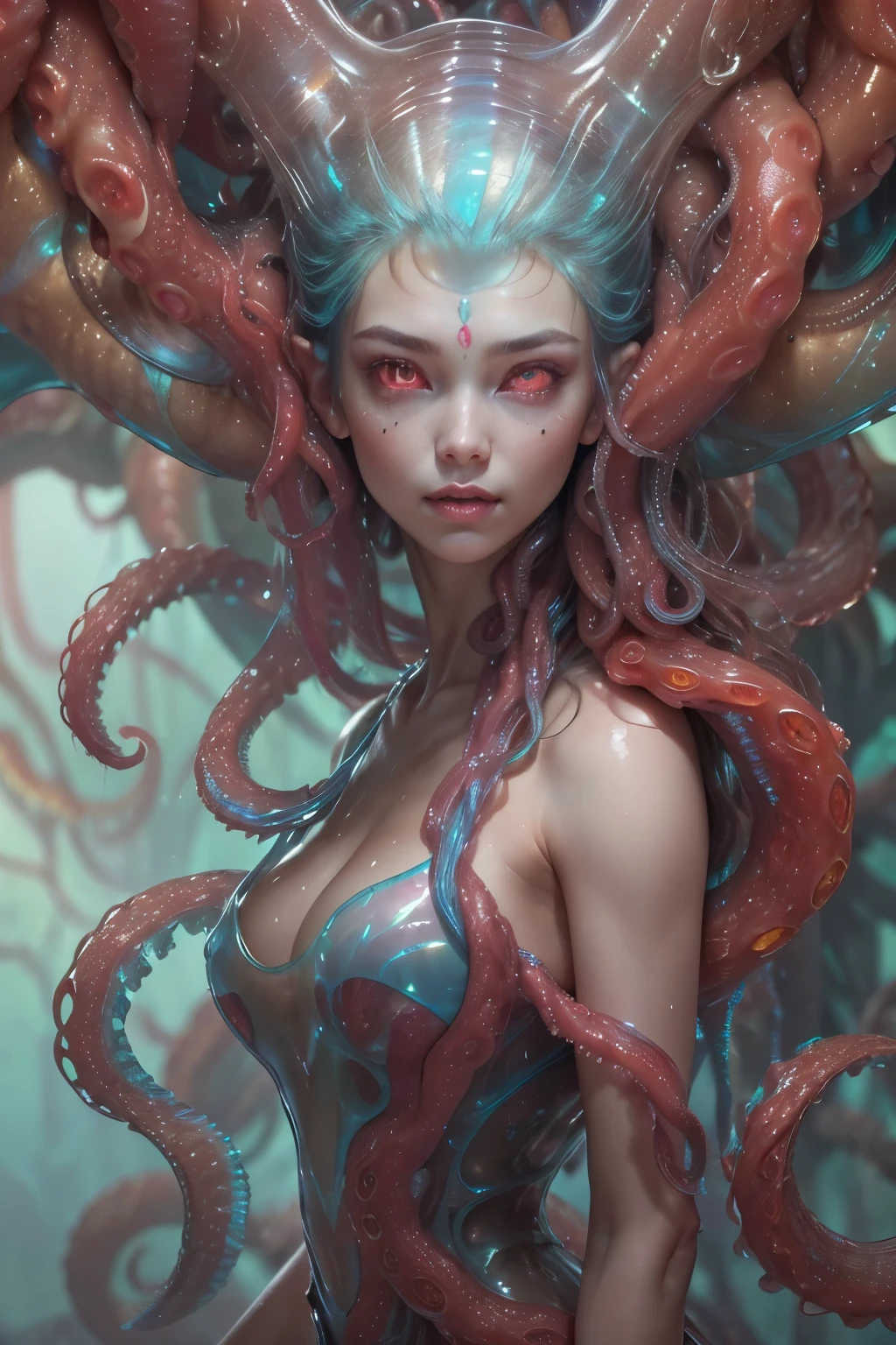 (1 beautiful and obscene female alien:1.4), (vulgarity1.7), (she is looking at viewers with glowing red eyes with no pupils:1.8), (She has translucent pale skin:1.7), (There is a female genital-like organ in the middle of the forehead:1.95), (She has the most beautiful face in the history of the universe:1.2), (She has multiple bioluminescent organs on the side of her tentacles:1.4), (Her body is covered with an iridescent exoskeleton:1.6), (She is showingh her arm pits:1.4), an evil gaze that seduces, (large mouth:1.1), (sharp teeth like a vampire:1.2), Full body portrait, (bio luminescent:1.5), (Smile wickedly:1.3), (sexypose:1.5), alien, No humans, cells are fused, (there are lots of translucent tentacles from her head like her hair:1.8) extraterrestrial, cell, bio image, best quality, masterpiece, ultra high resolution, (photos realistic:1.7), scary and sexy detailed art in color, best quality, 8K,In 4K_quality, High freshness, Dramatic Lighting, cinematic quality, detail up, (exquisite details:1.2), High freshness, drawing faithfully, (Thick eyebrows:1.2), Beautiful eyes with fine symmetry,(Highly detailed face and eyes:1.2),(Super detailed skin quality feeling:1.4), perfect anatomy, (Beautiful toned body:1.5), (Moist skin:1.2), not wearing makeup, (dark circles:1.1), long canines, cinematic drawing of characters, cinematic quality, detail up, (exquisite details:1.2), high resolution, High freshness, drawing faithfully, official art, Unity 8K Wall paper, ultra detailed artistic photography, midnight aura, unreal engine 5, Ultra Sharp Focus, art by Amano Yoshitaka, ArtGerm, Roisch, intricate artwork,ultra realistic realism, dream-like, Creation of fantasy, dream Snail, (biopunk nautilus:1.3),Thrilling color schemes, seductively smiling, Amazing mutation, well-proportioned body, goddess of the deep sea, fractal, Geometric pattern, impossible figures,(asymmetry:1.4), (white tentacles with blue stripes:1.4), subtle emerald green accents, (expression of ecstasy:1.6)