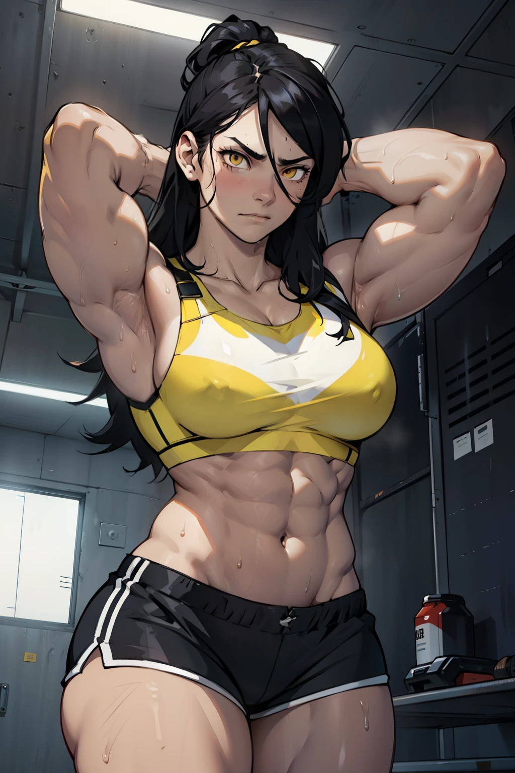 black hair, yellow eyes, solo, sweaty, shiny skin, pale skin, (((muscular, 1girl))), curvy, thin waist, very long hair, short shorts, navel, sports bra, sad expressionless cinematic lighting thick thick
