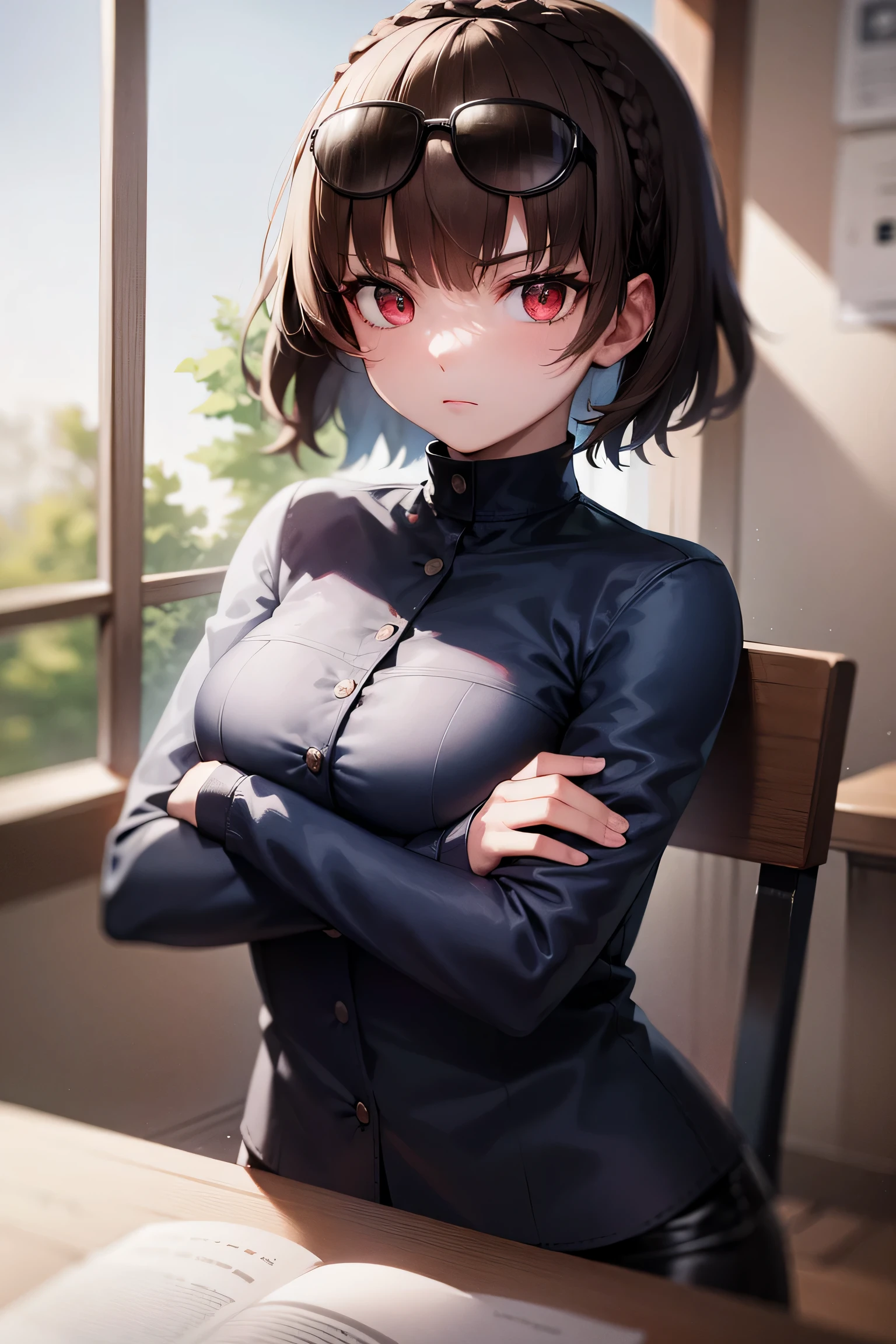 makotonijima, makoto nijima, blunt bangs, braid, brown hair, crown braid, (red eyes:1.3), short hair,
BREAK (sunglasses, eyewear on head, blue shirt, sleeveless:1.2)
BREAK looking at viewer, frown, crossed arms,
BREAK indoors, classroom,
BREAK (masterpiece:1.2), best quality, high resolution, (extremely detailed CG unity 8k wallpaper), (masterpiece), (best quality), (ultra-detailed), (best illustration), (best shadow), (absurdres), (perfect hands, perfect anatomy),