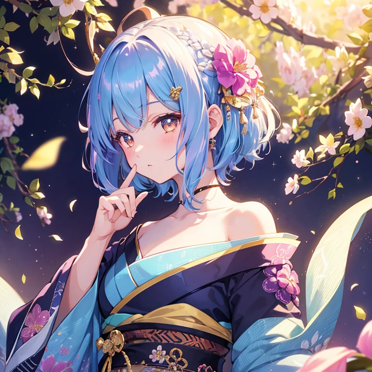 one girl、solo、bust、look away、Iridescent hair、hair ornaments、kimono、short hair、brown eyes、From the side、Upper body、gem、flower、髪にflower、magnificent、Sparkling、8K、dynamic pose