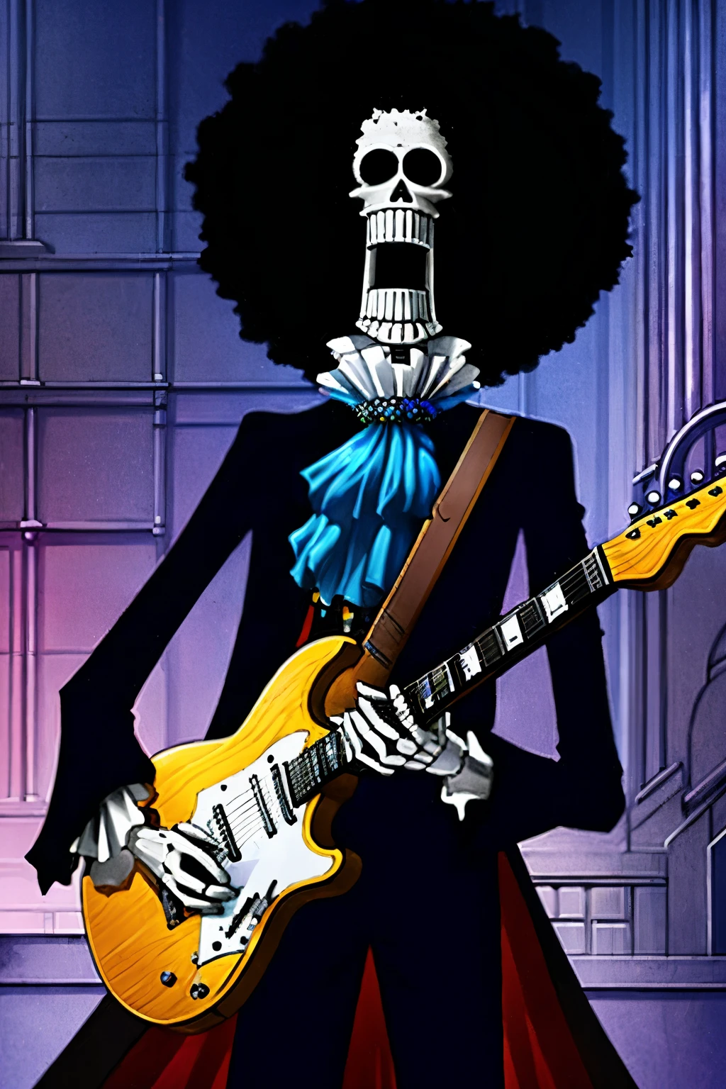 masterpiece, best quality,8k,highestres, absurdres, extremely detailed, brook, 1 boy, afro hair, solo, looking at viewer, an extremely tall skeleton dressed in formal attire complete with top hat and guitar, ((skeleton hands and body)), graveyard background,///,