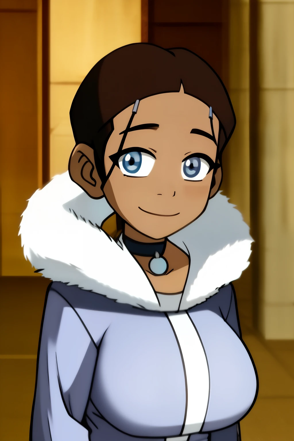 katara, catoon_style, 1girl, solo, looking_at_viewer, smile, short_hair, bangs, blue_eyes, brown_hair, black_hair, closed_mouth, upper_body, choker, dark_skin, blunt_bangs, blurry, dark-skinned_female, coat, fur_trim, blurry_background, parody, very_short_hair, blue_coat, very_dark_skin, (gigantic breasts)