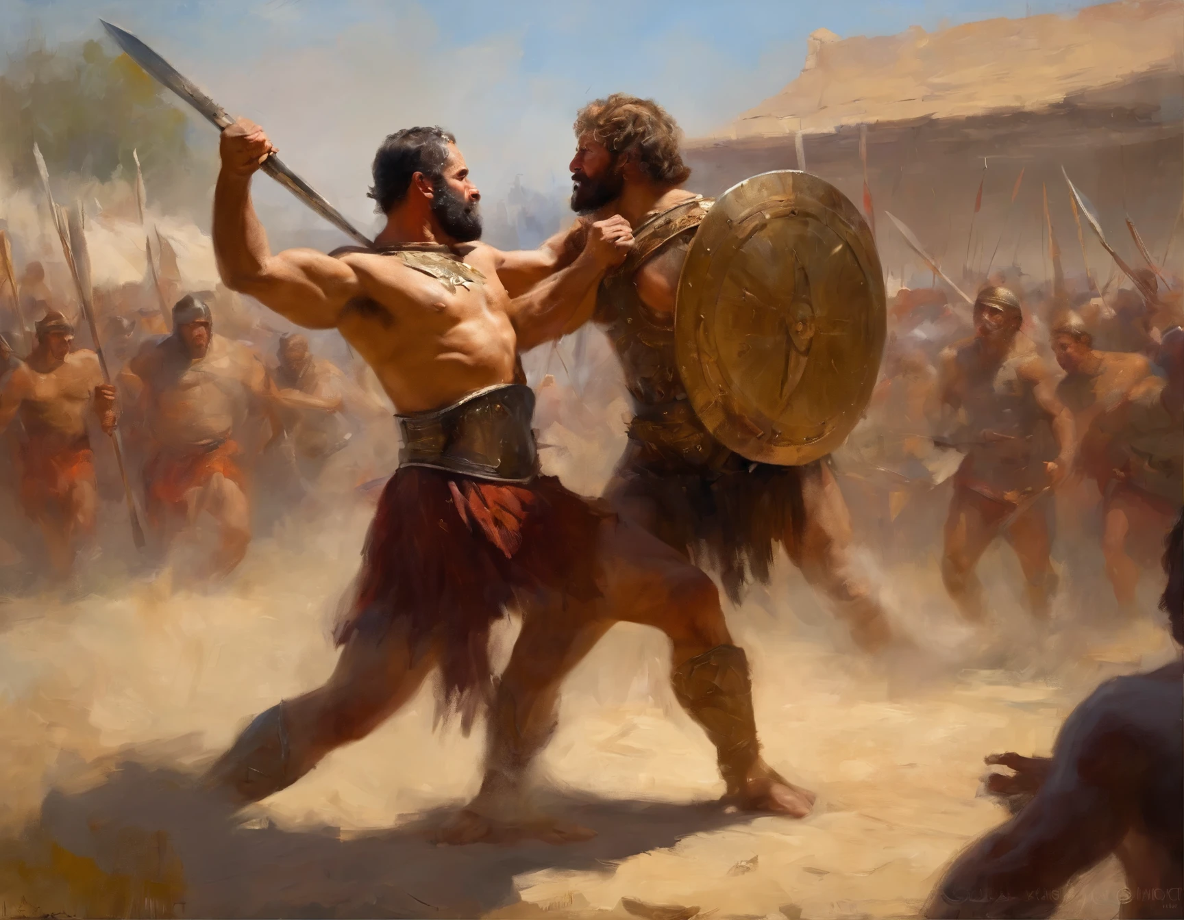 A  roman gladiator fighting with a fearless giant primitive man
with a primitive weapon & shield, in a battle arena, summer season, surrounding with many crowd people, masterpiece, artstation HD, ultradetail, 8k