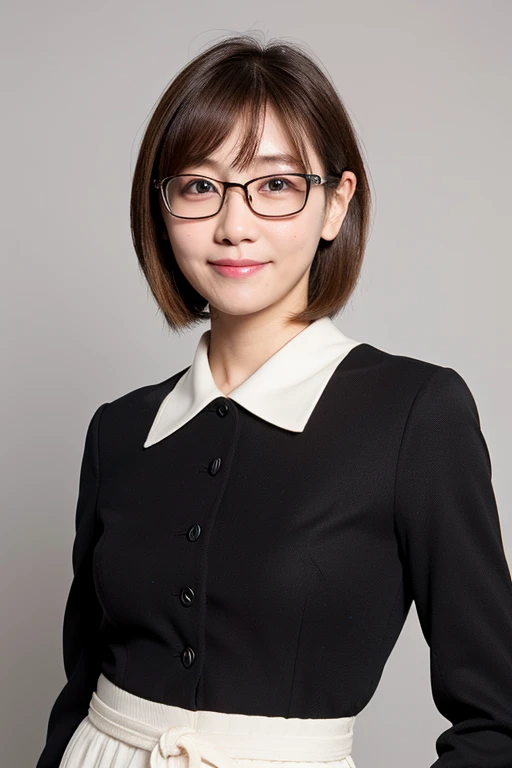 (8K、Raw photo、highest quality、masterpiece:1.2)、(realistic、Photoreal:1.37)、super detailed、Super high resolution、1 girl、see the beholder、beautiful and detailed face、smile like a girl、narrow、(slim waist) :1.3)、white clothes、Beautiful and smooth skin、skin texture、floating hair、professional lighting、suburb、black rimmed square glasses 、human body as a whole、Brown hair wearing black suit Caster Kasumi Arimura Minami Tanaka Sa々Nozomi Kono Front Standing Top and Bottom Suit Front Photo