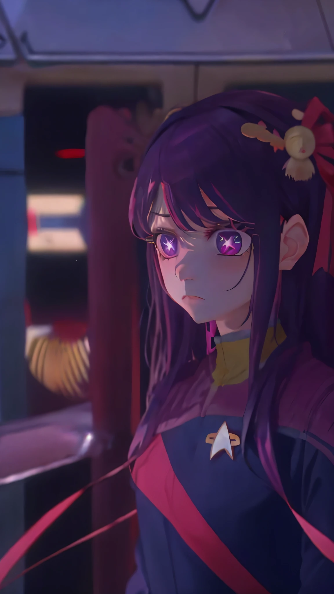 Hoshino Ai, long hair, purple hair, streaked hair ,purple eyes, star-shaped pupils, hair ornament shocked expressio ds9st uniform
