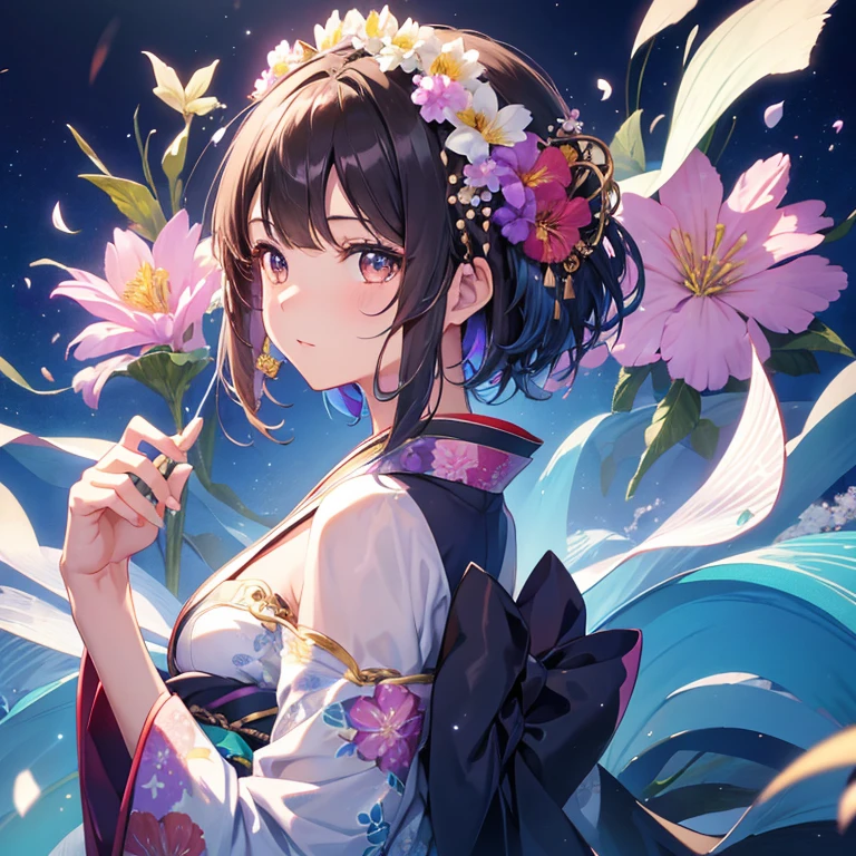 one girl、solo、bust、look away、Iridescent hair、hair ornaments、kimono、short hair、brown eyes、From the side、Upper body、gem、flower、髪にflower、magnificent、Sparkling、8K、dynamic pose、colorful