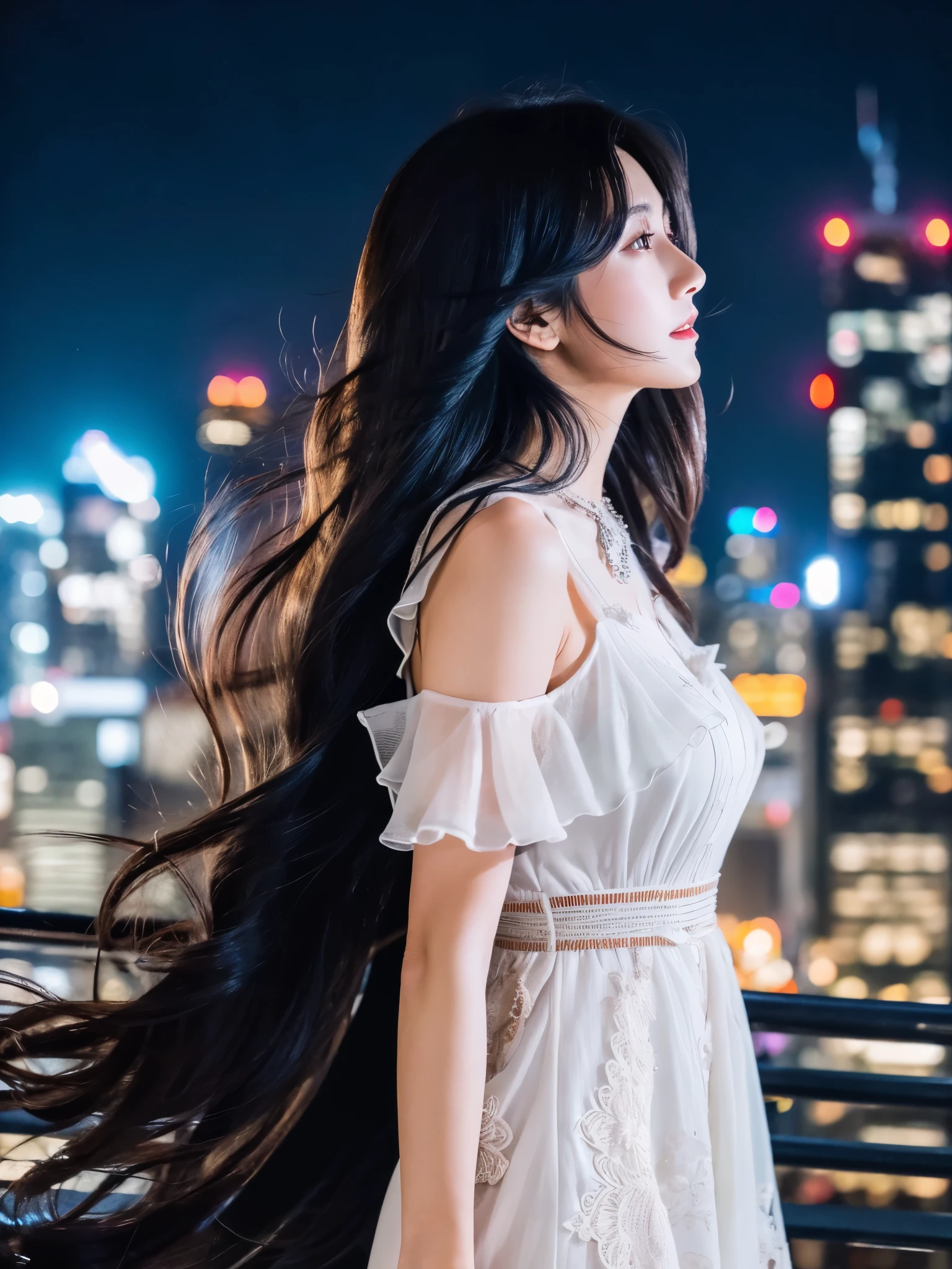 beautiful japanese woman　intricately colored detailed hair　long hair fluttering in the wind　black hair　Detailed and perfect profile　natural makeup　detailed beautiful eyes　white dress　standing on top of a skyscraper　overlooking the big city at night　A very big moon　professional lighting　Professional photographer