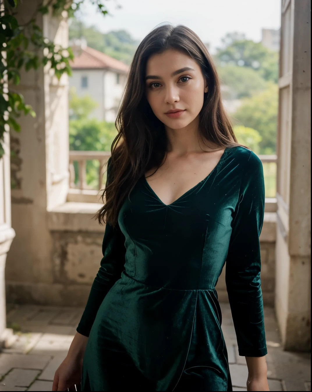 Cute beautiful sexy European light-green-eyed brunette, 22 years old,
girl in a dark green velvet dress, stylish velvet dress, full body view, velvet dark green dress, dark green dress, elegant dress, castle ruins, nature, pumps, full body view,
innocent face, face-length 1.3 times the face-width, almond-shaped eyes, squared face-shape, high cheekbones, naturally wavy hair, light-green eyes, high-res, masterpiece, best quality, intricate details, very detailed, sharp focus, detailed skin, realistic skin texture, texture, detailed eyes, professional, 4k, charming smile, shot with Canon, depth of field, Kodak Vision color, perfectly fitting body, extremely detailed, photo_\( ultra\), photorealistic, realistic, post processing, maximum details, roughness, real life, ultrarealistic, photorealism, photography, 8k UHD, photography