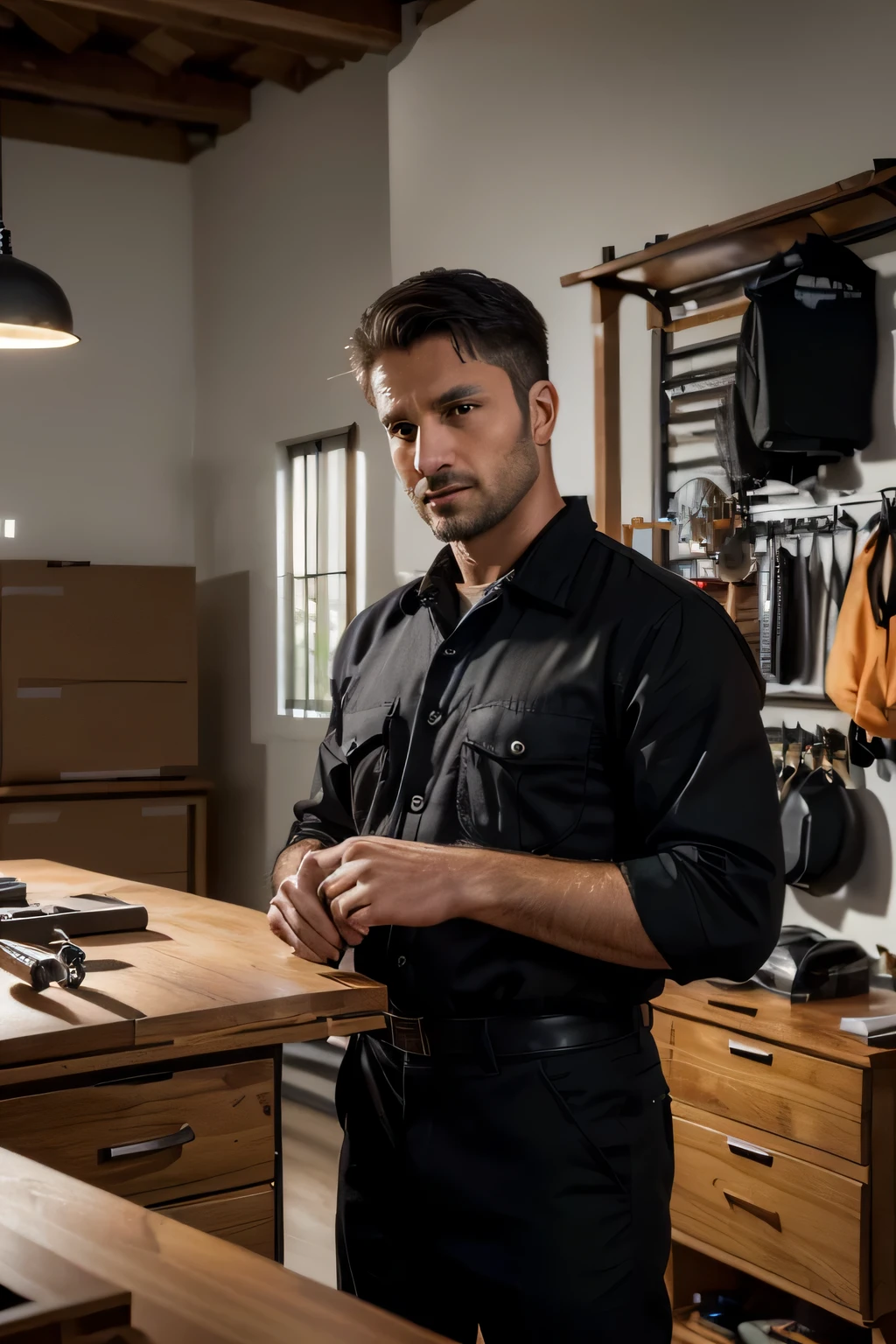 (melhor qualidade,4k,8k,high resolution,obra de arte:1.2),ultra-detalhado,(realista,photorealista,photo-realista:1.37), homem, 30 anos de idade, Trabalhador, A furniture assembler, com ferramentas, vestindo um uniforme preto com detalhes laranja, montando gavetas de um guarda-roupa, illustration, detailed hands, ferramentas detalhadas, focused expression, professional lighting, cores vibrantes
