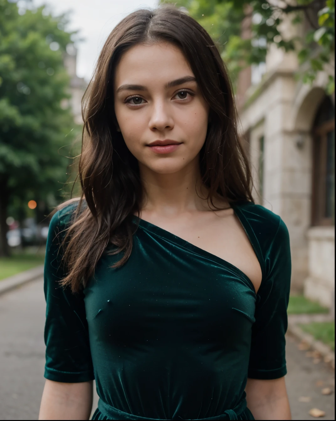 Cute beautiful sexy European light-green-eyed brunette, 22 years old,
girl in a dark green velvet dress, stylish velvet dress, full body view, velvet dark green dress, dark green dress, elegant dress, castle ruins, nature, pumps, full body view,
innocent face, face-length 1.3 times the face-width, almond-shaped eyes, squared face-shape, high cheekbones, naturally wavy hair, light-green eyes, high-res, masterpiece, best quality, intricate details, very detailed, sharp focus, detailed skin, realistic skin texture, texture, detailed eyes, professional, 4k, charming smile, shot with Canon, depth of field, Kodak Vision color, perfectly fitting body, extremely detailed, photo_\( ultra\), photorealistic, realistic, post processing, maximum details, roughness, real life, ultrarealistic, photorealism, photography, 8k UHD, photography