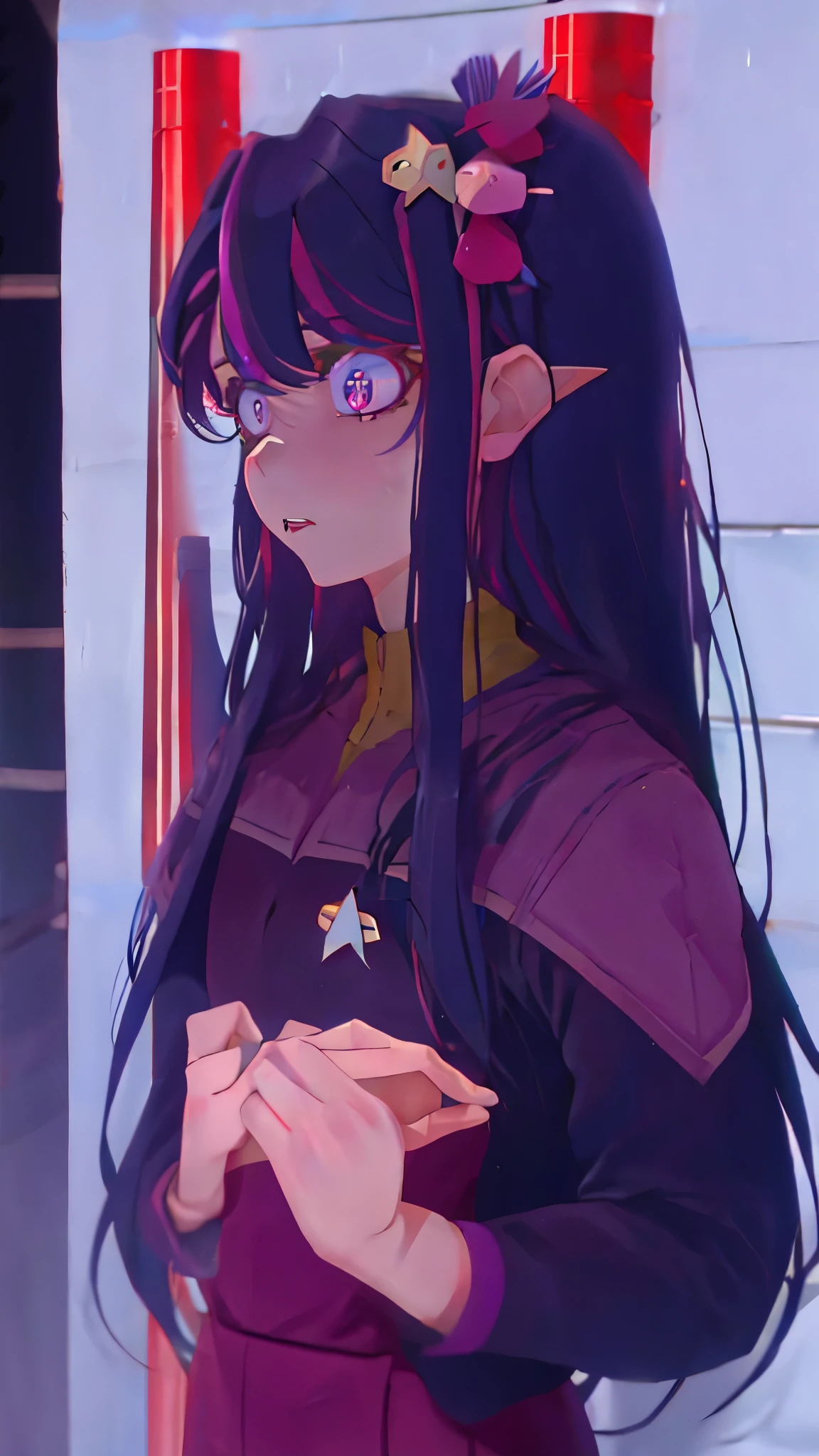 Hoshino Ai, long hair, purple hair, streaked hair ,purple eyes, star-shaped pupils, hair ornament "constricted pupils, small pupils" ds9st uniform