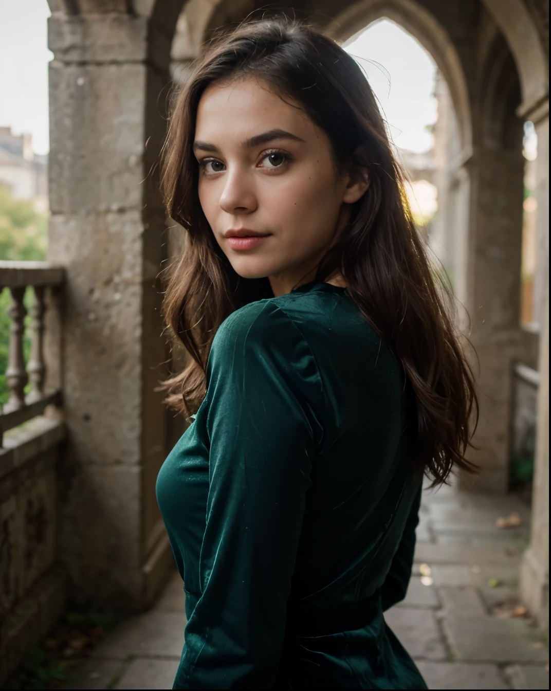 Cute beautiful sexy European light-green-eyed brunette, 22 years old,
girl in a dark green velvet dress, stylish velvet dress, full body view, velvet dark green dress, dark green dress, elegant dress, castle ruins, nature, pumps, full body view,
innocent face, face-length 1.3 times the face-width, almond-shaped eyes, squared face-shape, high cheekbones, naturally wavy hair, light-green eyes, high-res, masterpiece, best quality, intricate details, very detailed, sharp focus, detailed skin, realistic skin texture, texture, detailed eyes, professional, 4k, charming smile, shot with Canon, depth of field, Kodak Vision color, perfectly fitting body, extremely detailed, photo_\( ultra\), photorealistic, realistic, post processing, maximum details, roughness, real life, ultrarealistic, photorealism, photography, 8k UHD, photography