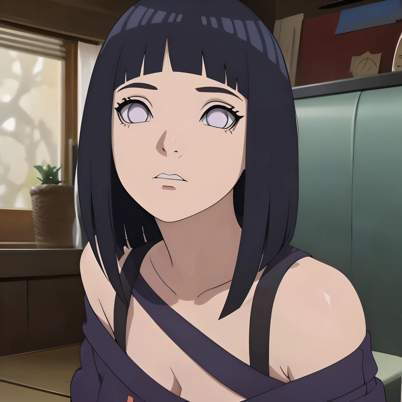 Hinata de "Naruto", 18 year old woman, Usando un vestido, Cabello largo y color negro, Ojos blancos, Ojos derechos, Sonrojada, Labios llamativos, pintalabios rojo, Mostrar solo el rostro, Foto tipo selfie, Fondo de una ladea, Bold colors and solid tone, Alta calidad.