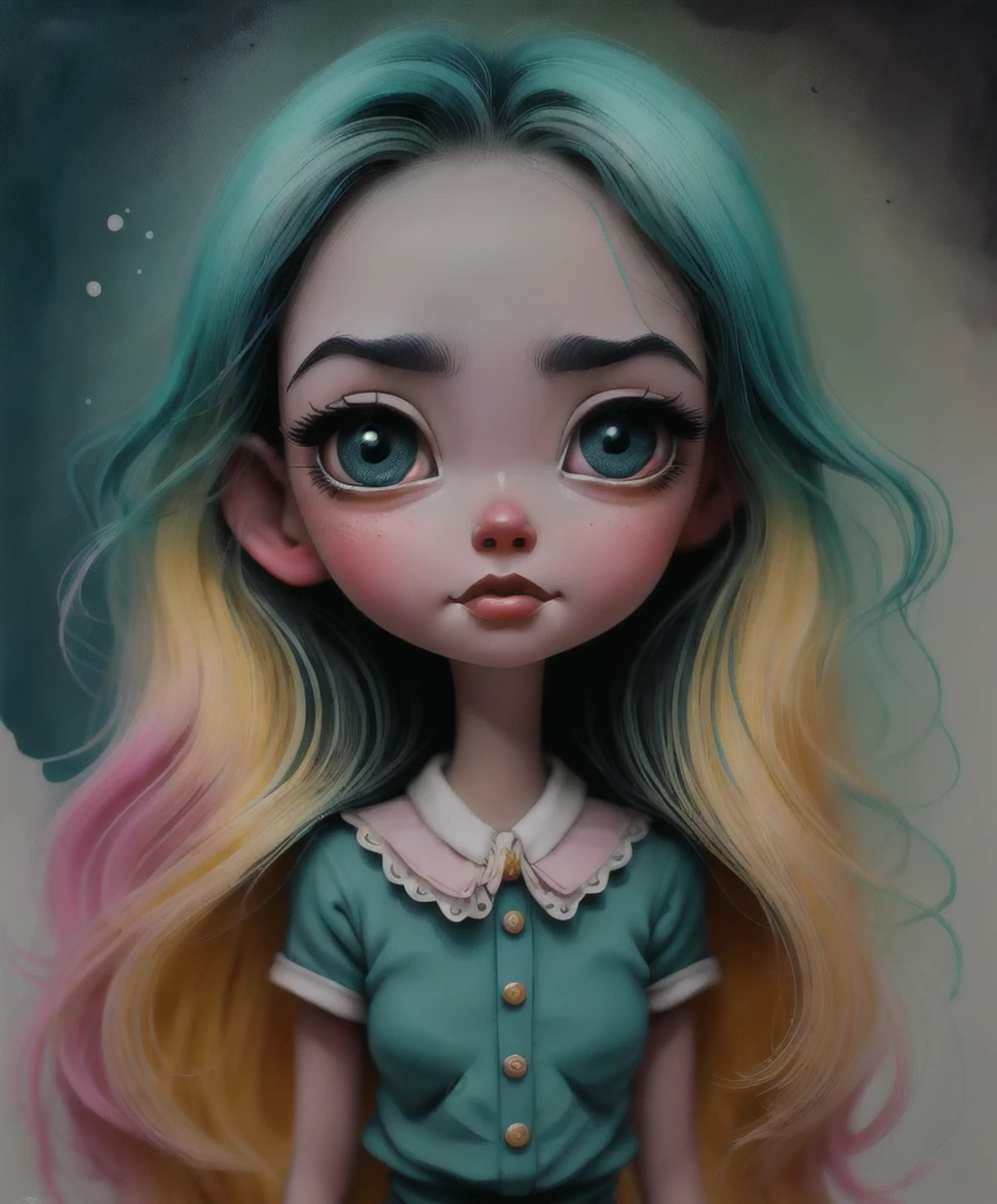 Un primer plano de una chica muy triste con el pelo largo (rubio) y los ojos grandes y azules, Anton Semenov, Mark Ryden muy detallado, Estilo Mark Ryden, Mark Ryden en el estilo de, Estilo de Mark Ryden, inspirado por Mark Ryden, Naoto Hattori, Adorable pintura digital, cara linda. DarkFantasy, Estilo Wlop Loish y Clamp, desnuda