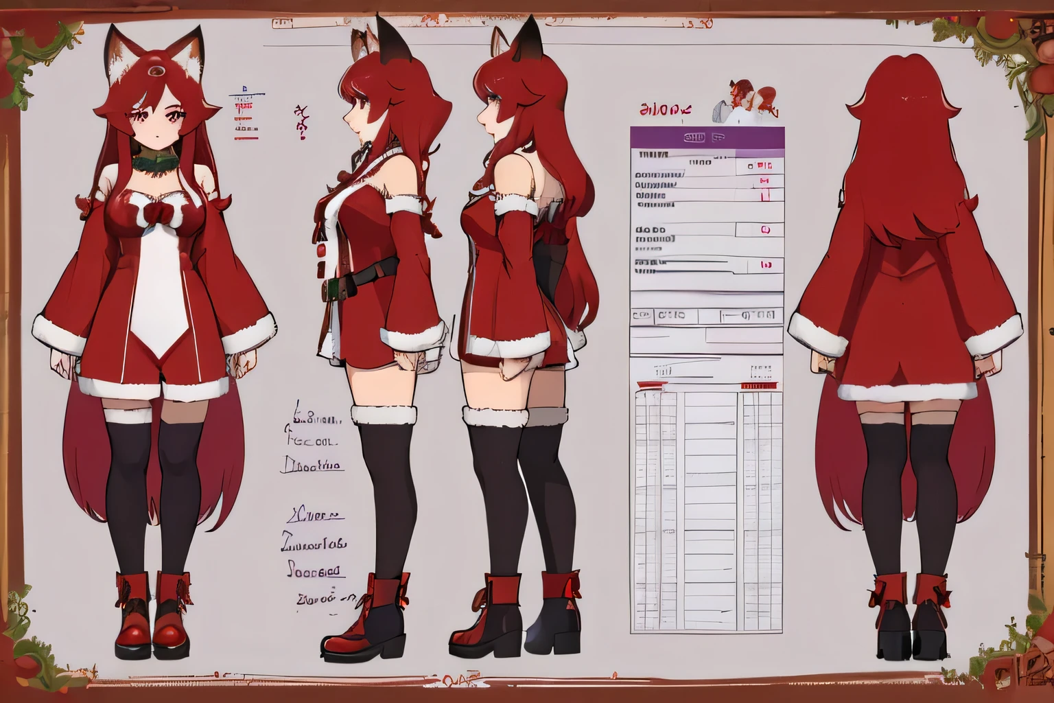 ((girl with red fox ears)), ((long red hair)), ((purple eyes)), ((big )), ((full body)), ((santa claus clothing)), ((character sheet)), ((showing front side, back side))